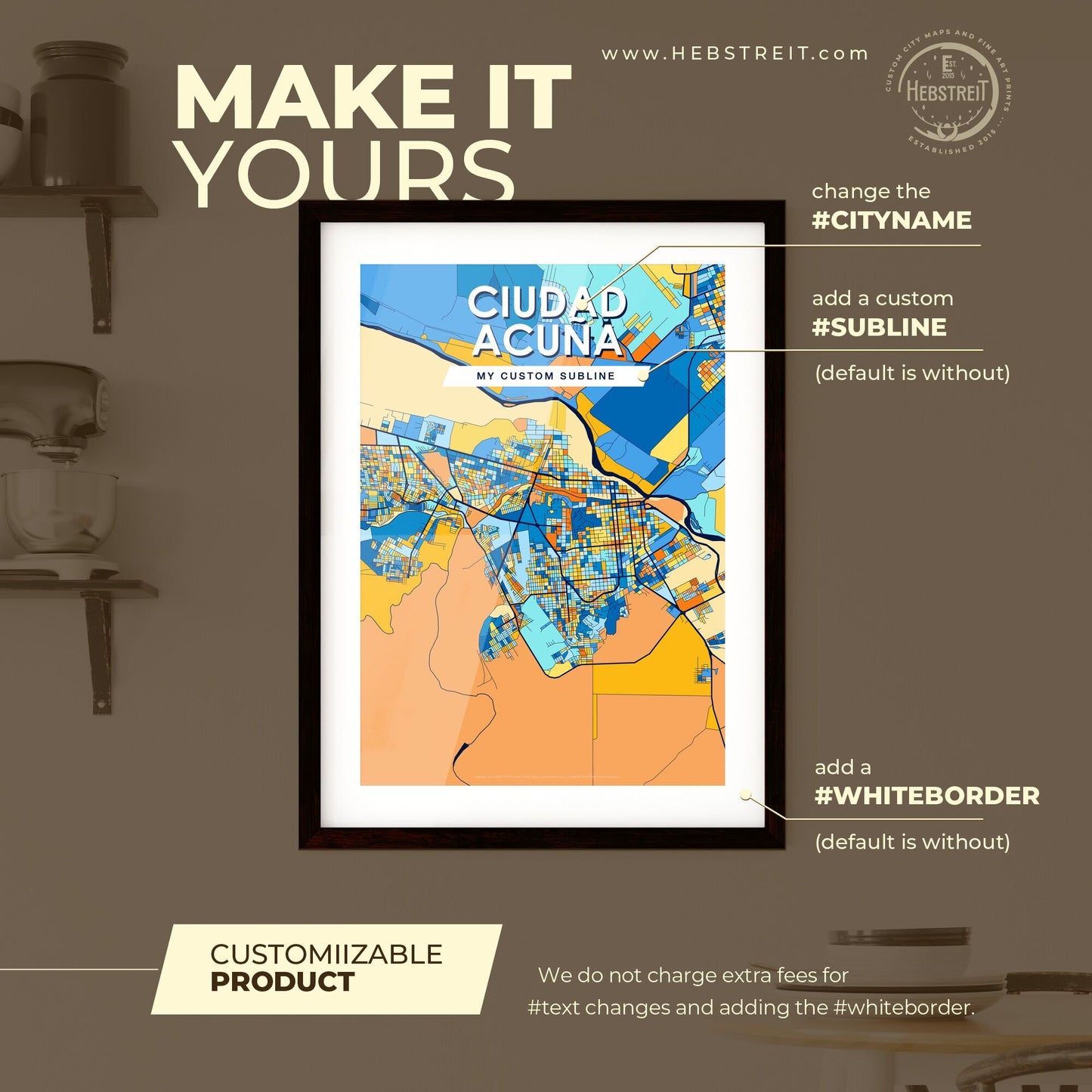 CIUDAD ACUÑA MEXICO Vibrant Colorful Art Map Poster Blue Orange