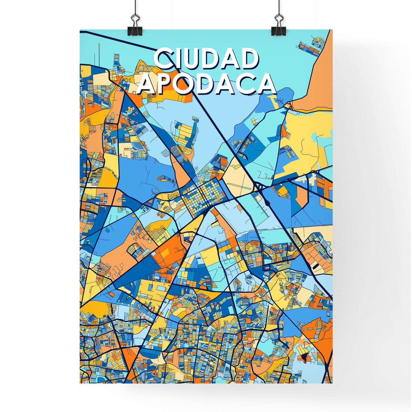 CIUDAD APODACA MEXICO Vibrant Colorful Art Map Poster Blue Orange