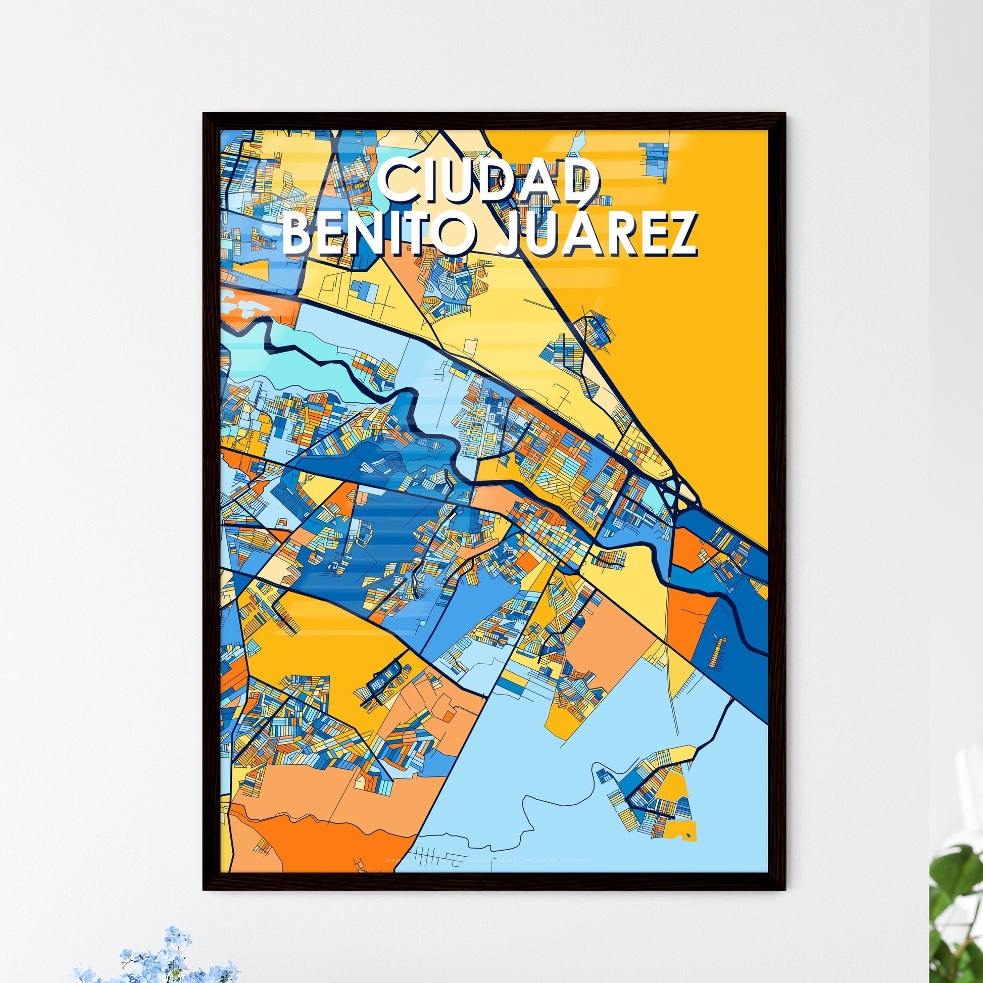 CIUDAD BENITO JUÁREZ MEXICO Vibrant Colorful Art Map Poster Blue Orange