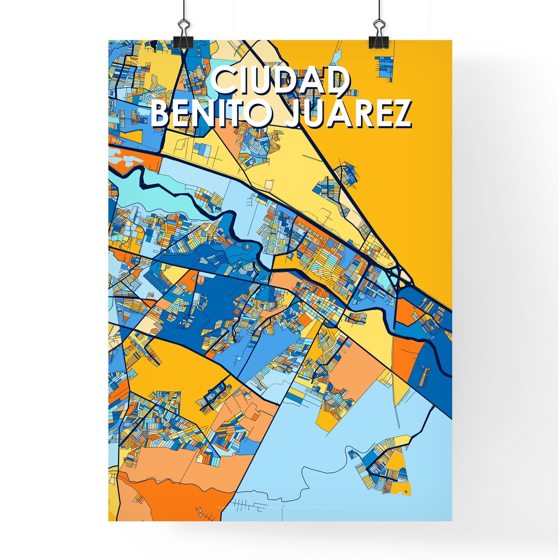CIUDAD BENITO JUÁREZ MEXICO Vibrant Colorful Art Map Poster Blue Orange