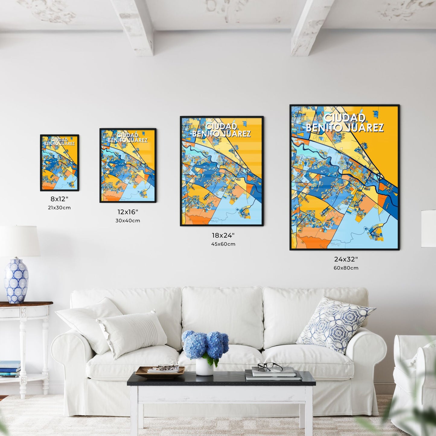 CIUDAD BENITO JUÁREZ MEXICO Vibrant Colorful Art Map Poster Blue Orange