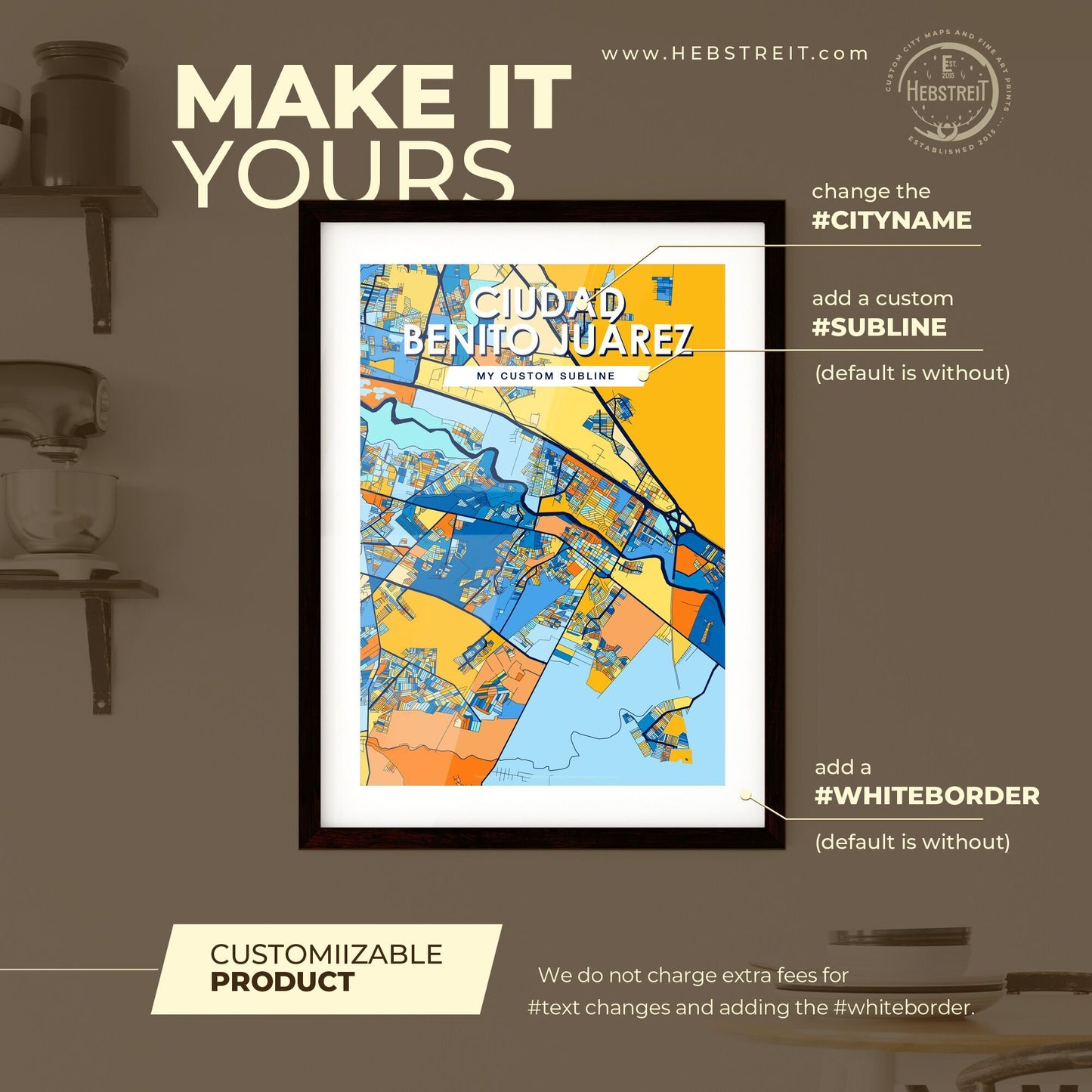 CIUDAD BENITO JUÁREZ MEXICO Vibrant Colorful Art Map Poster Blue Orange