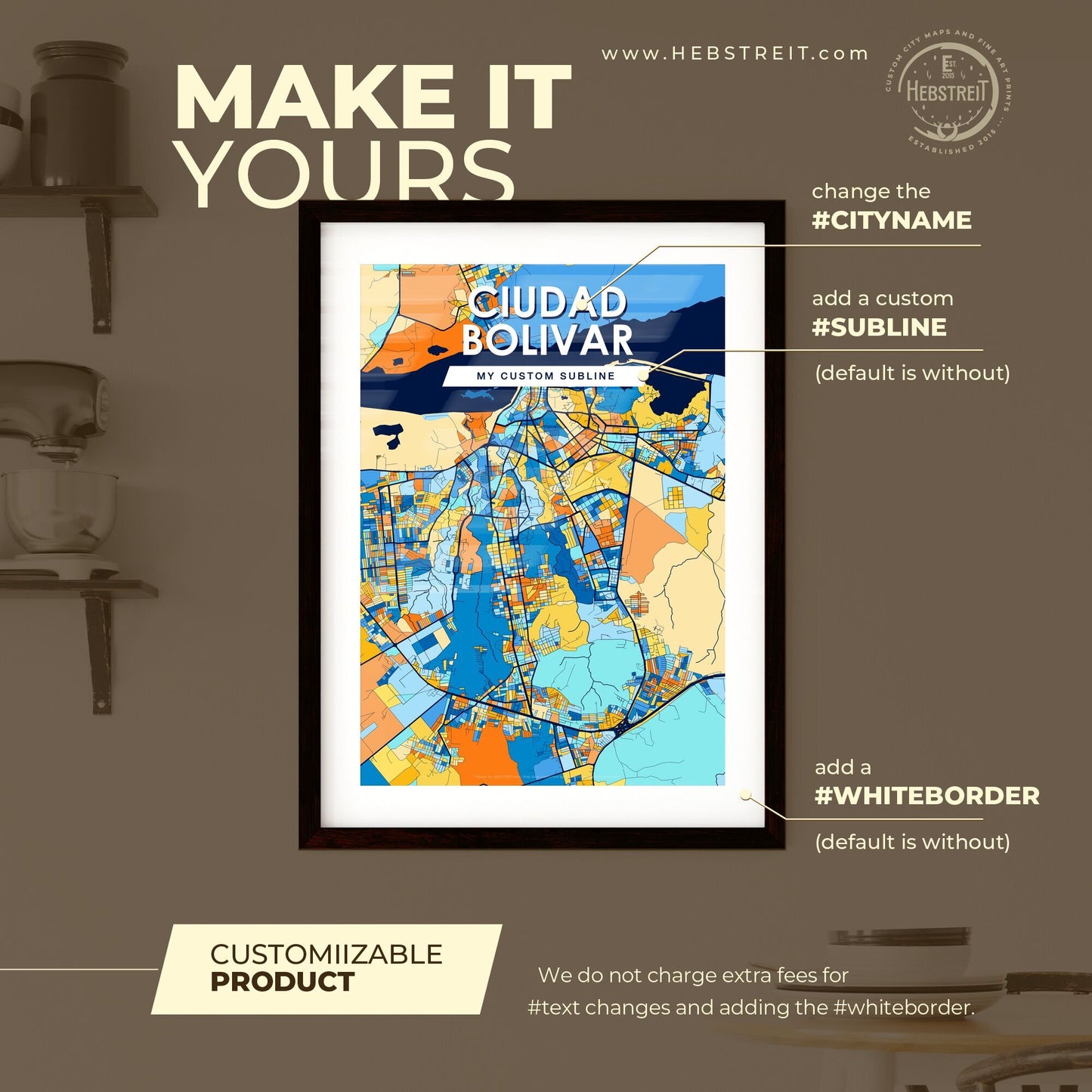 CIUDAD BOLIVAR VENEZUELA Vibrant Colorful Art Map Poster Blue Orange