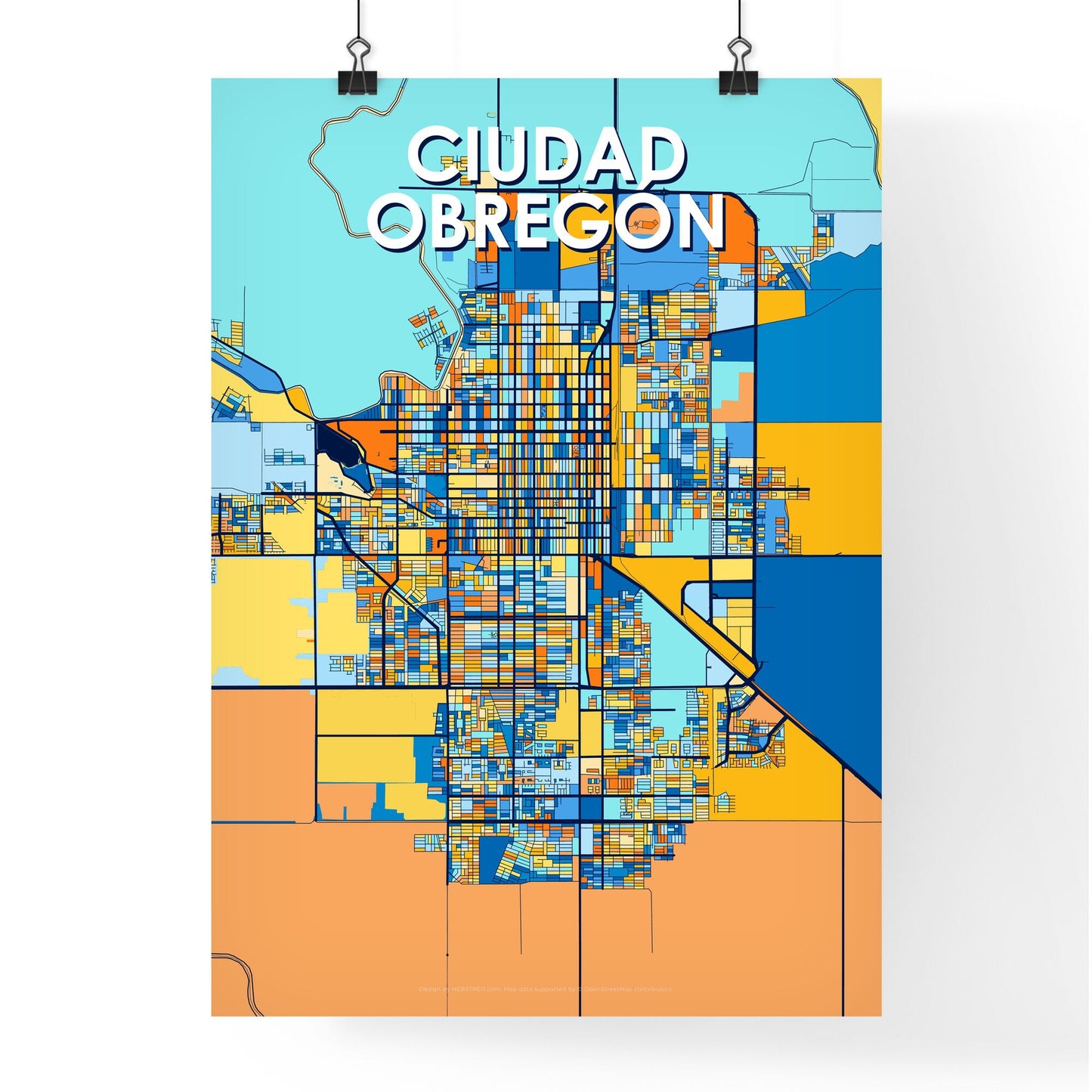 CIUDAD OBREGÓN MEXICO Vibrant Colorful Art Map Poster Blue Orange