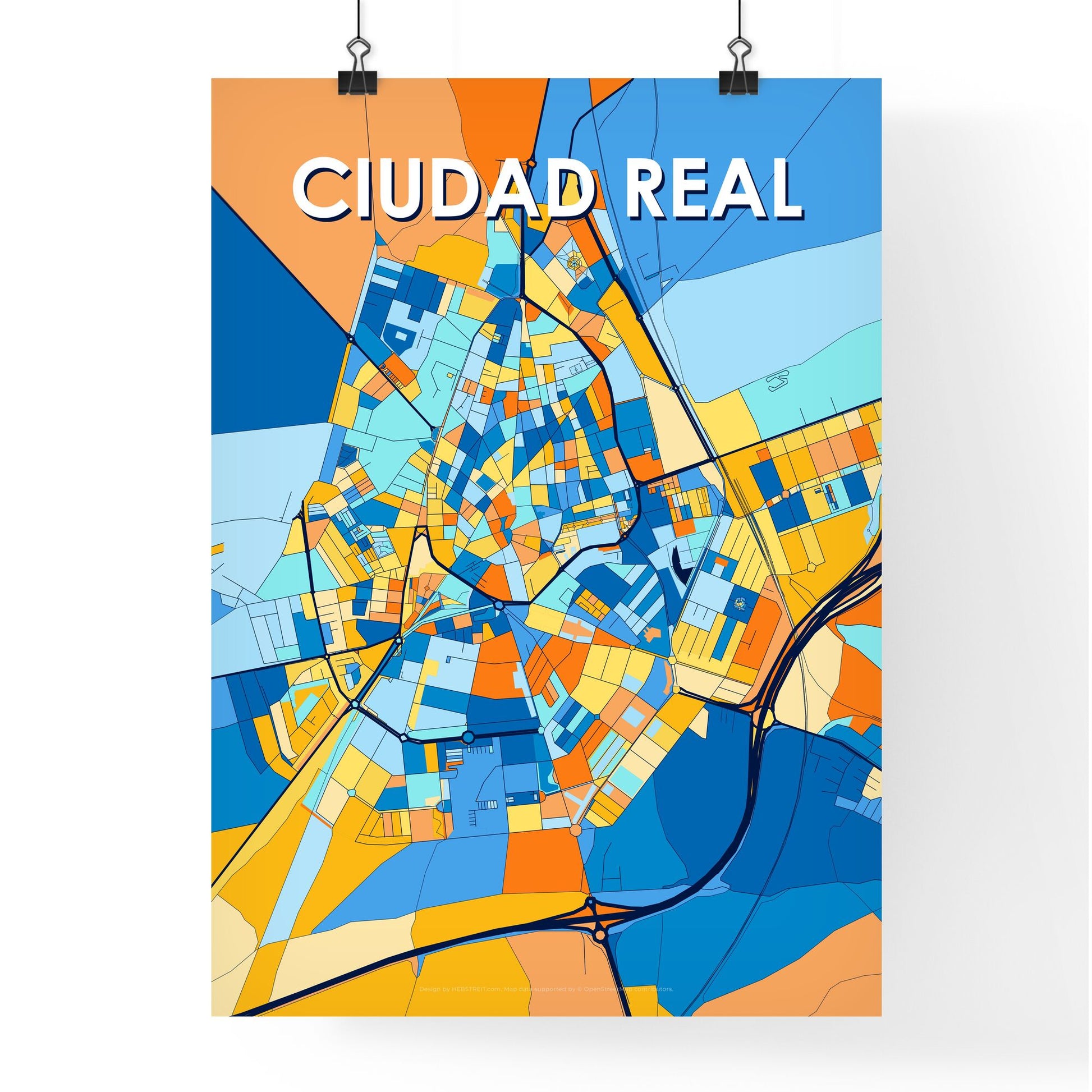 CIUDAD REAL SPAIN Vibrant Colorful Art Map Poster Blue Orange