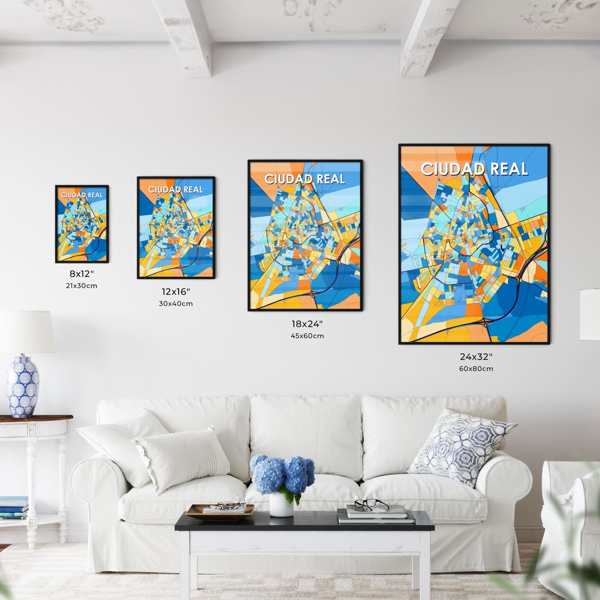 CIUDAD REAL SPAIN Vibrant Colorful Art Map Poster Blue Orange