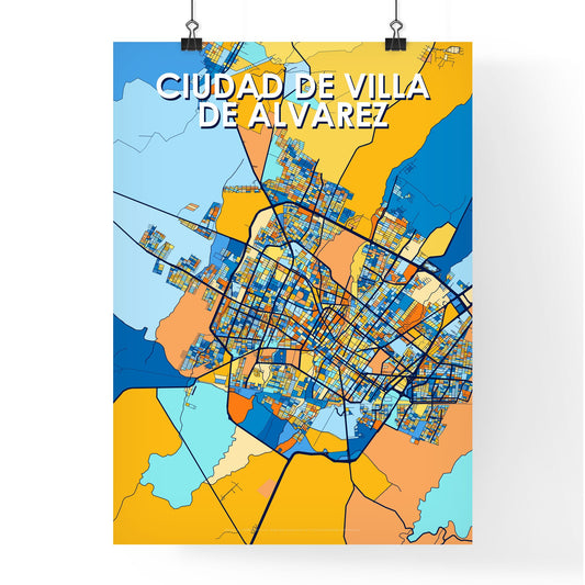 CIUDAD DE VILLA DE ÁLVAREZ MEXICO Vibrant Colorful Art Map Poster Blue Orange