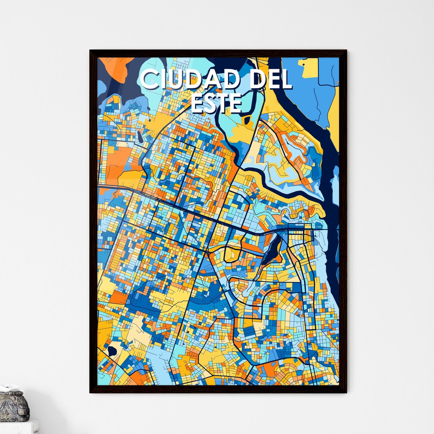 CIUDAD DEL ESTE PARAGUAY Vibrant Colorful Art Map Poster Blue Orange