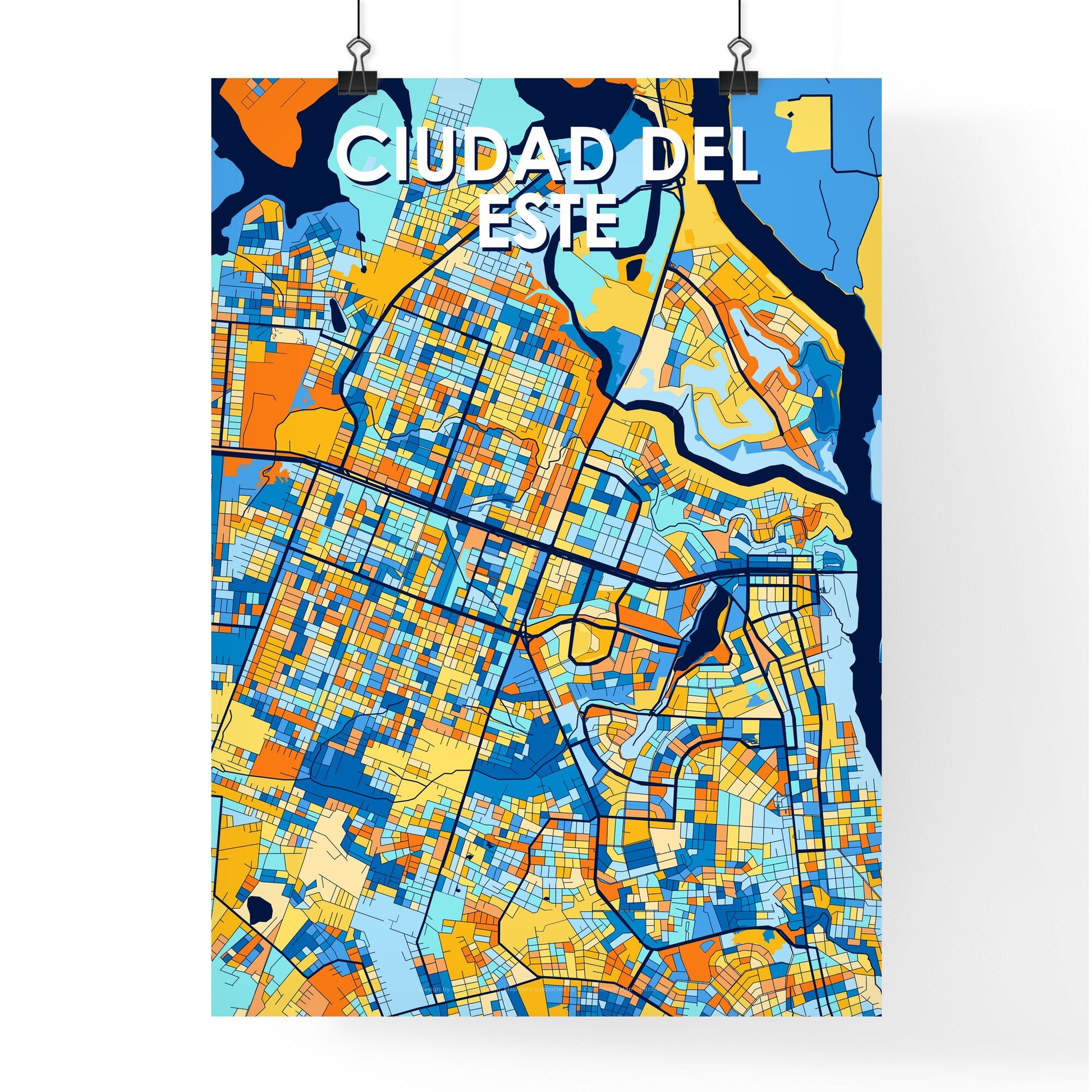 CIUDAD DEL ESTE PARAGUAY Vibrant Colorful Art Map Poster Blue Orange