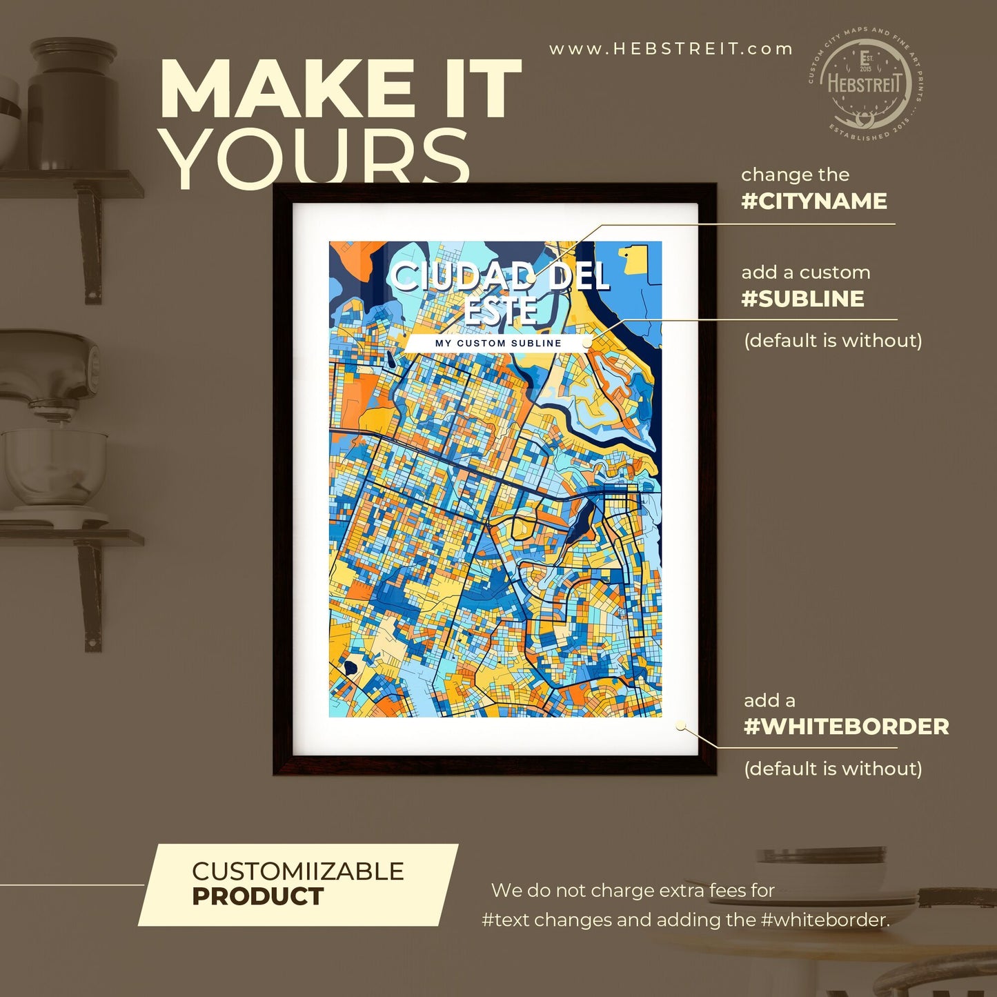 CIUDAD DEL ESTE PARAGUAY Vibrant Colorful Art Map Poster Blue Orange