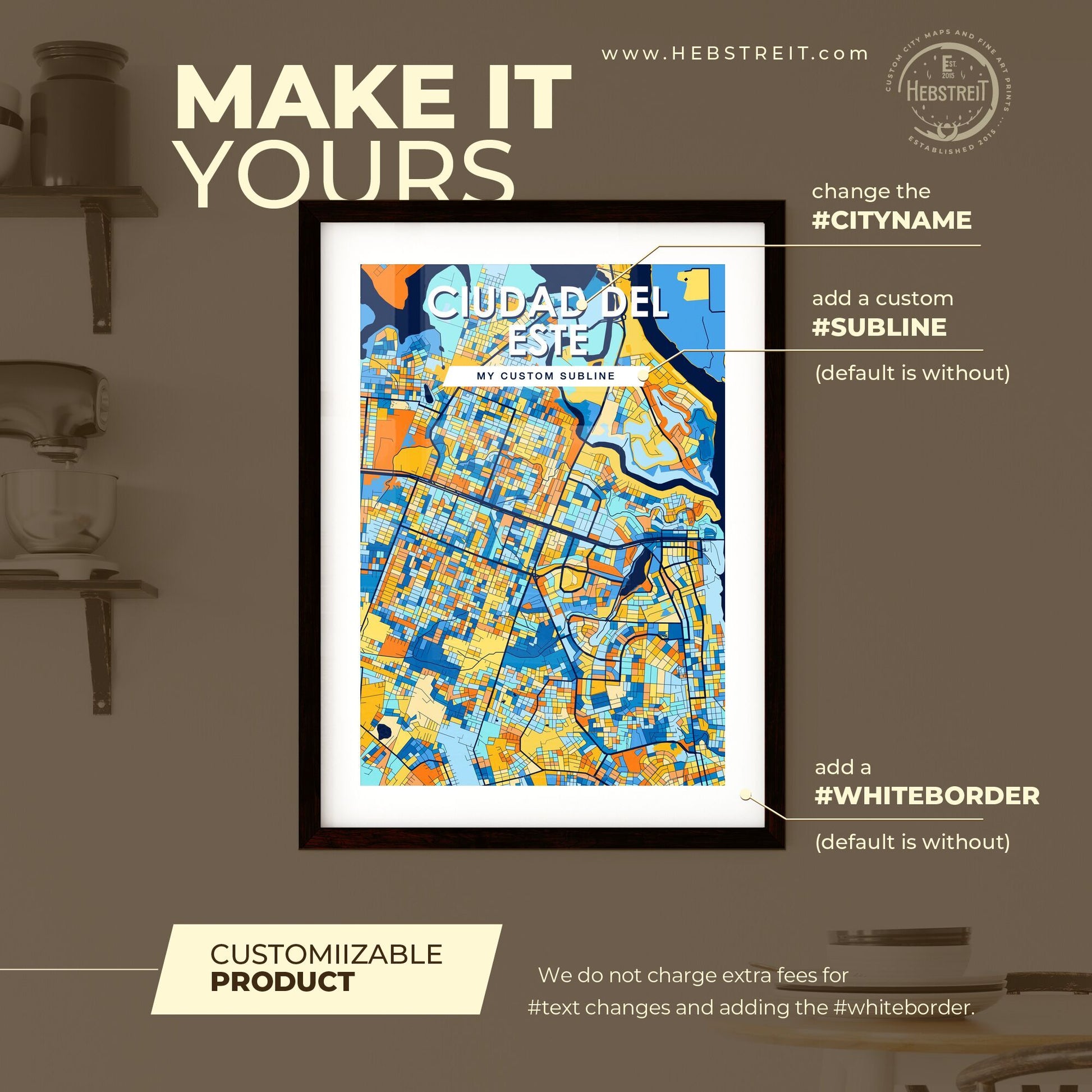 CIUDAD DEL ESTE PARAGUAY Vibrant Colorful Art Map Poster Blue Orange