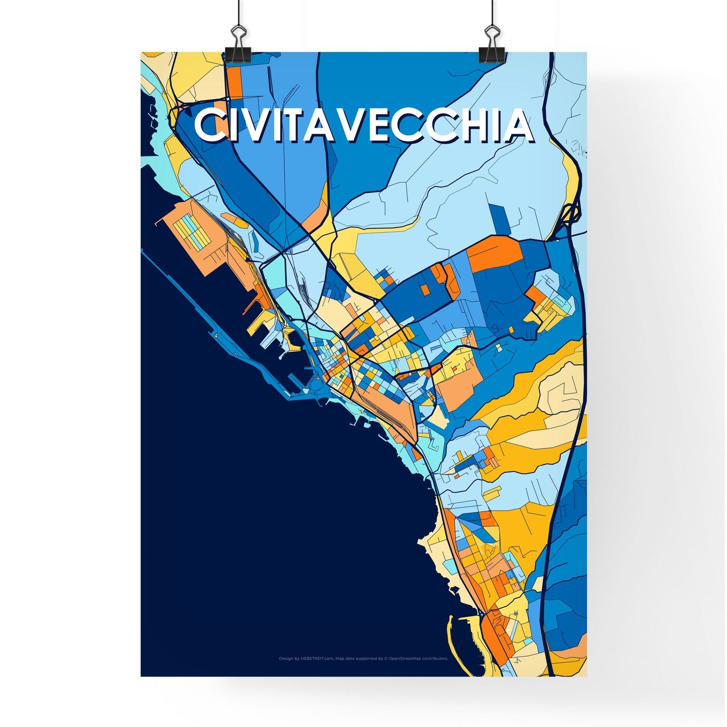 CIVITAVECCHIA ITALY Vibrant Colorful Art Map Poster Blue Orange