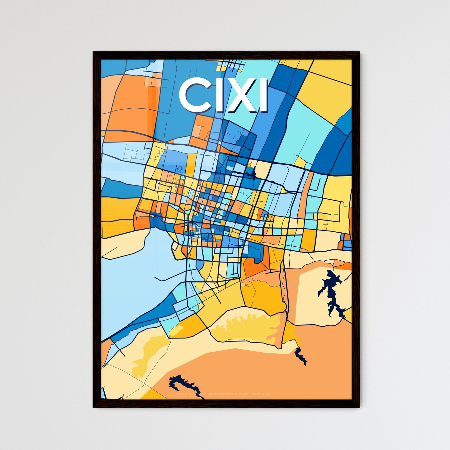 CIXI CHINA Vibrant Colorful Art Map Poster Blue Orange