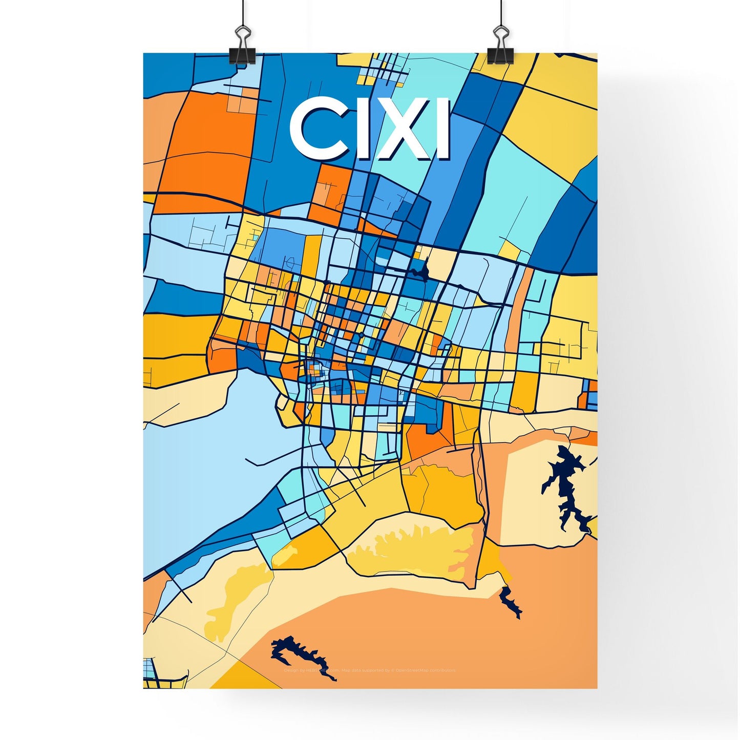 CIXI CHINA Vibrant Colorful Art Map Poster Blue Orange