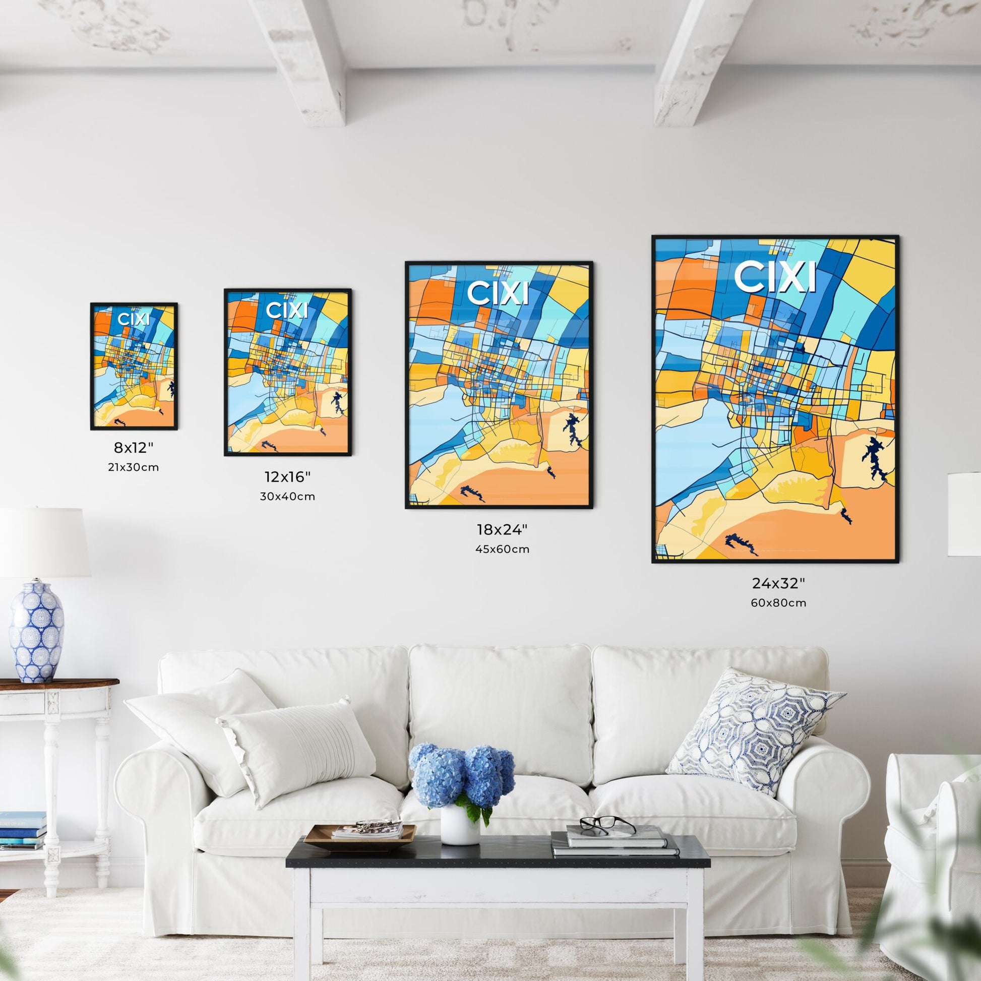 CIXI CHINA Vibrant Colorful Art Map Poster Blue Orange