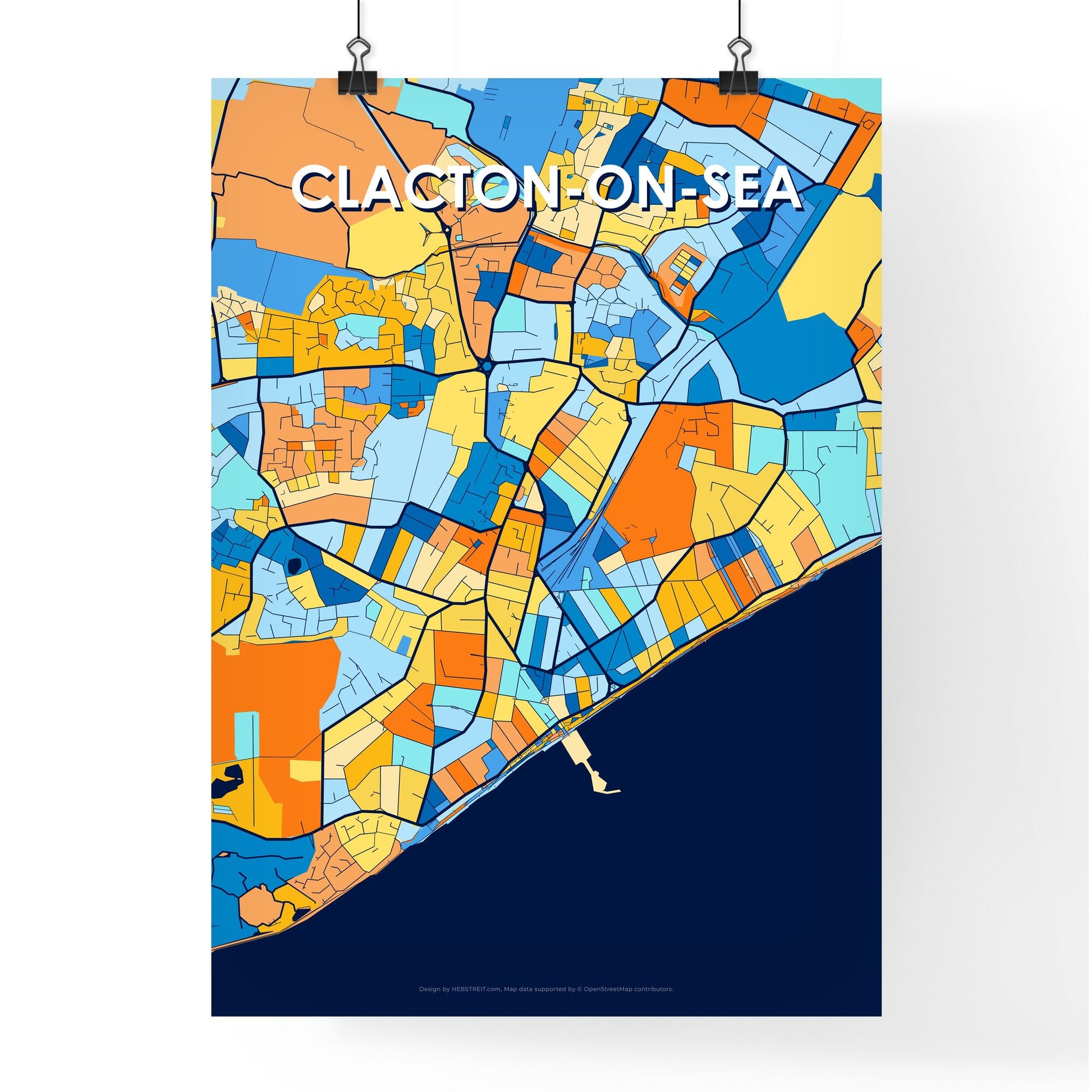 CLACTON-ON-SEA ENGLAND Vibrant Colorful Art Map Poster Blue Orange