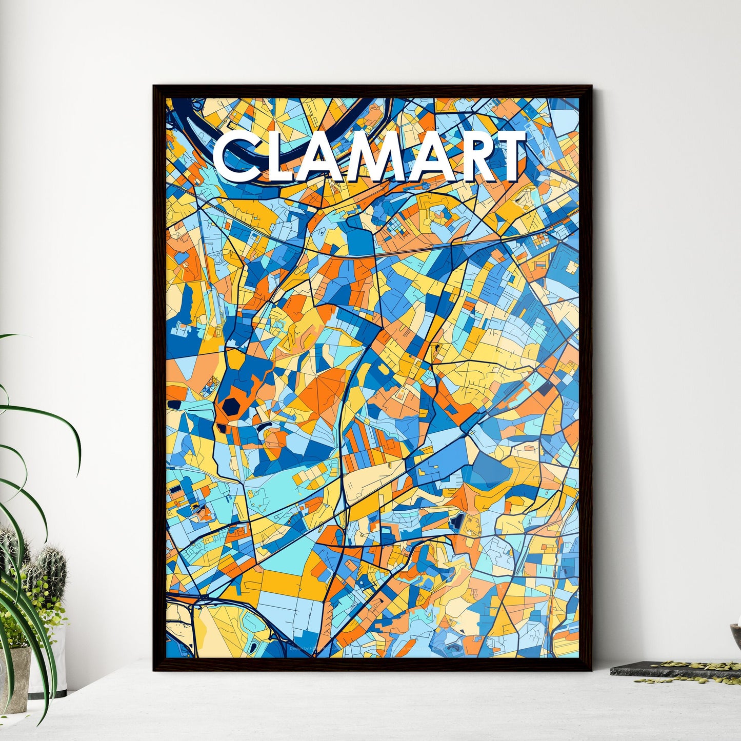 CLAMART FRANCE Vibrant Colorful Art Map Poster Blue Orange