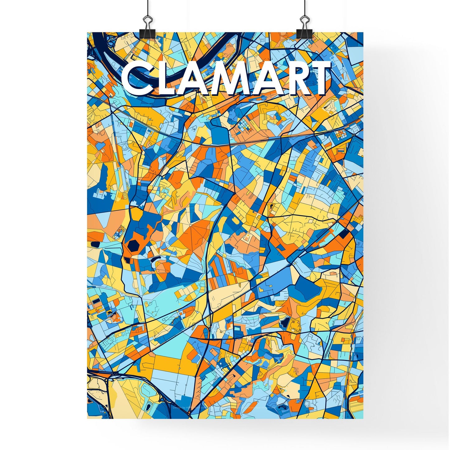 CLAMART FRANCE Vibrant Colorful Art Map Poster Blue Orange