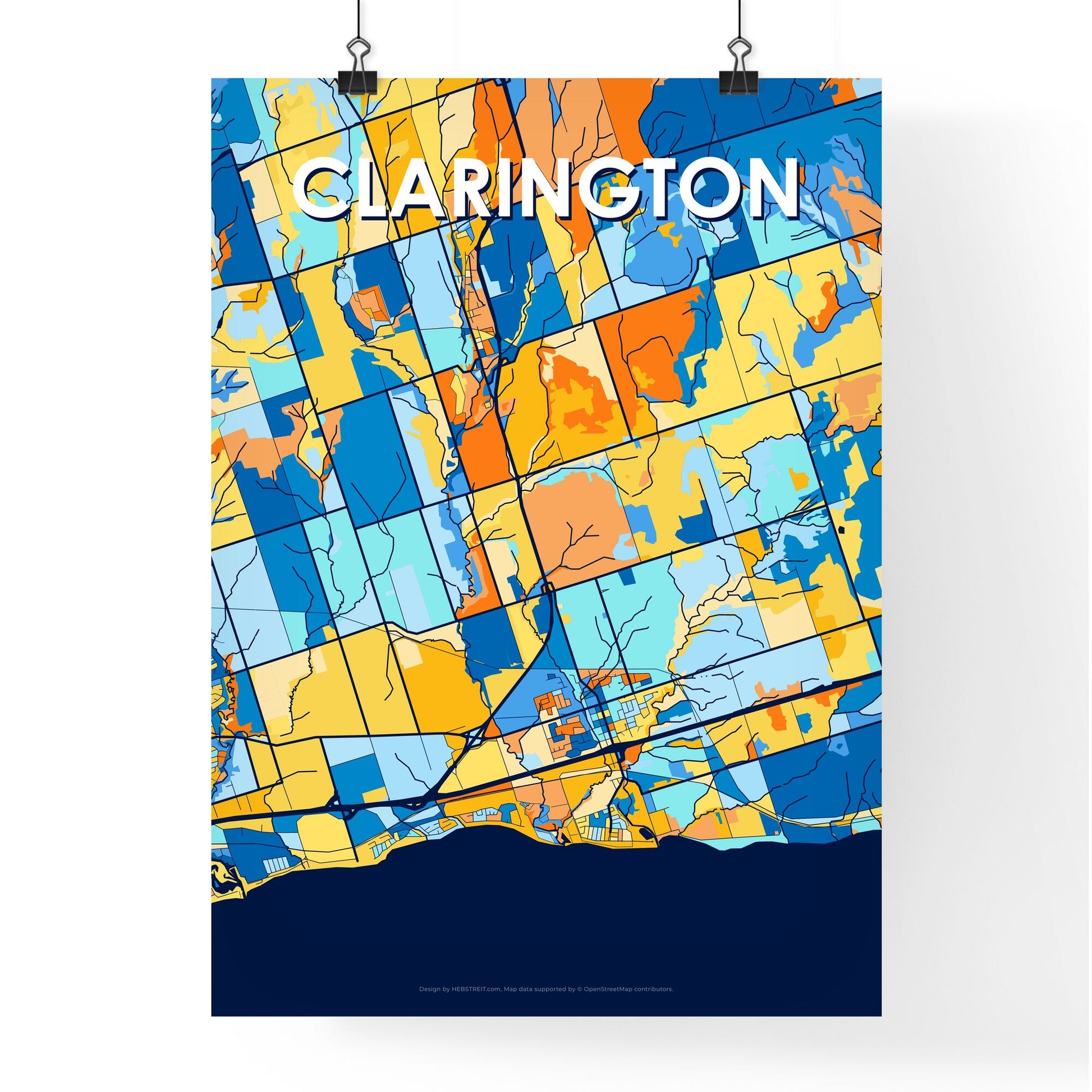 CLARINGTON CANADA Vibrant Colorful Art Map Poster Blue Orange