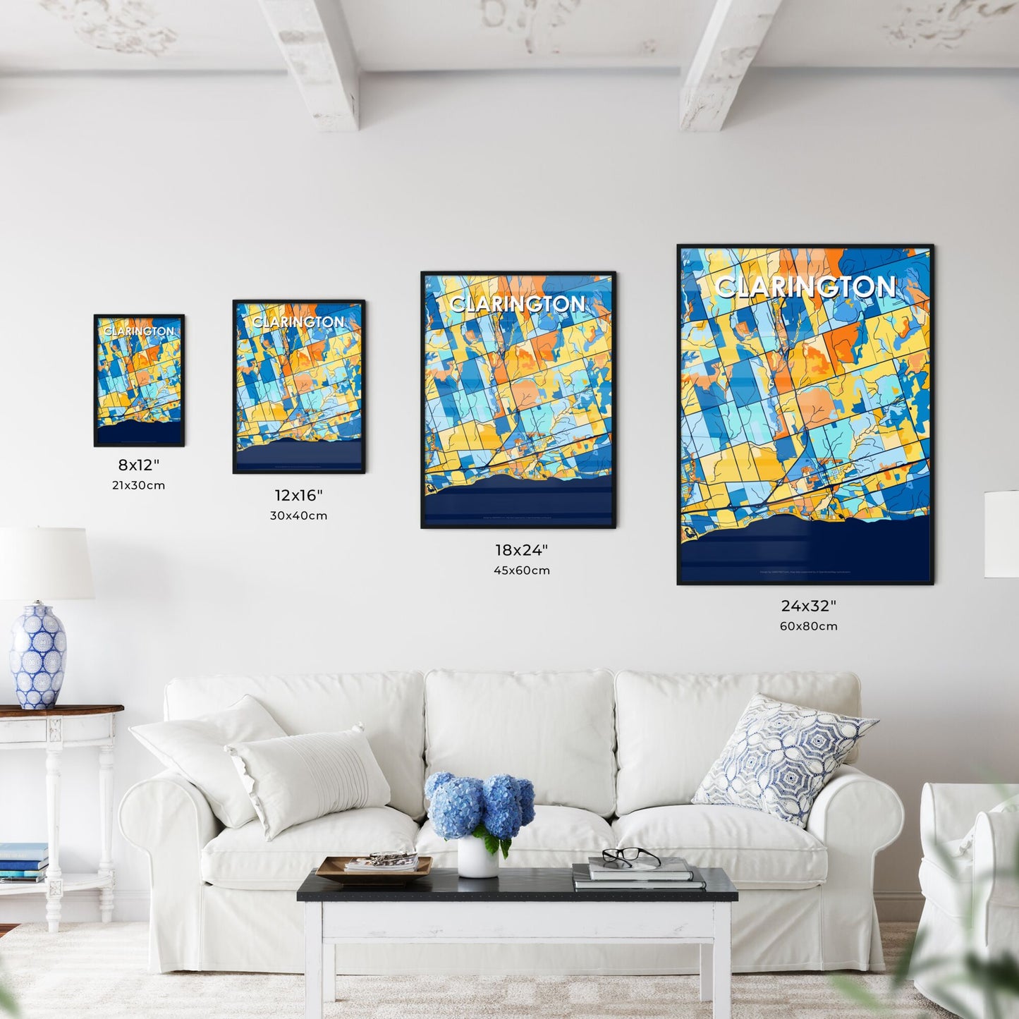 CLARINGTON CANADA Vibrant Colorful Art Map Poster Blue Orange