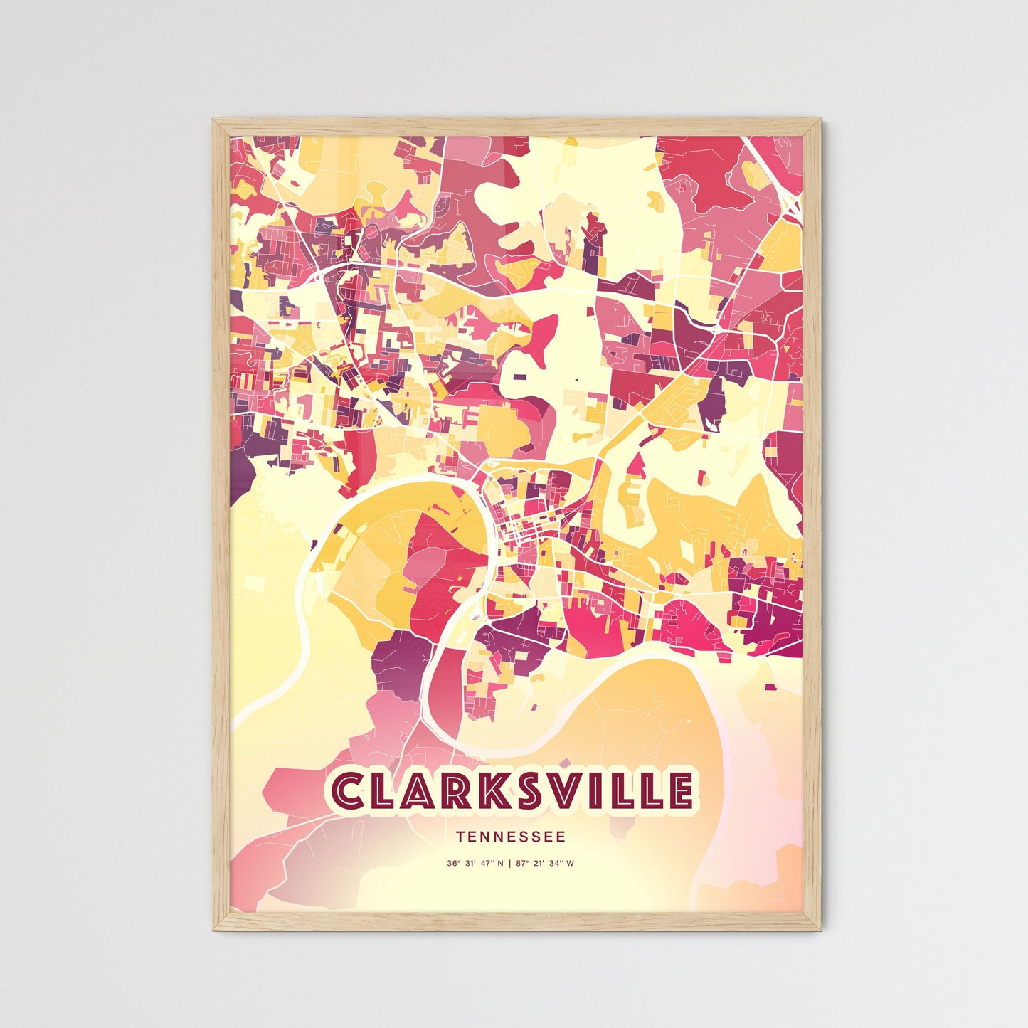 Colorful Clarksville Tennessee Fine Art Map Hot Red