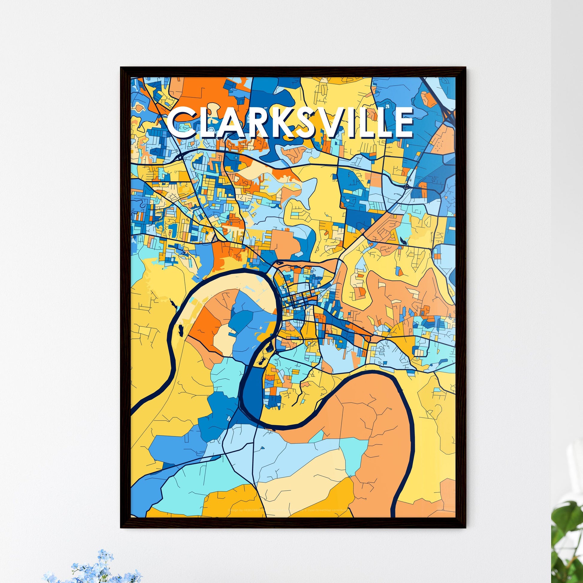 CLARKSVILLE TENNESSEE Vibrant Colorful Art Map Poster Blue Orange