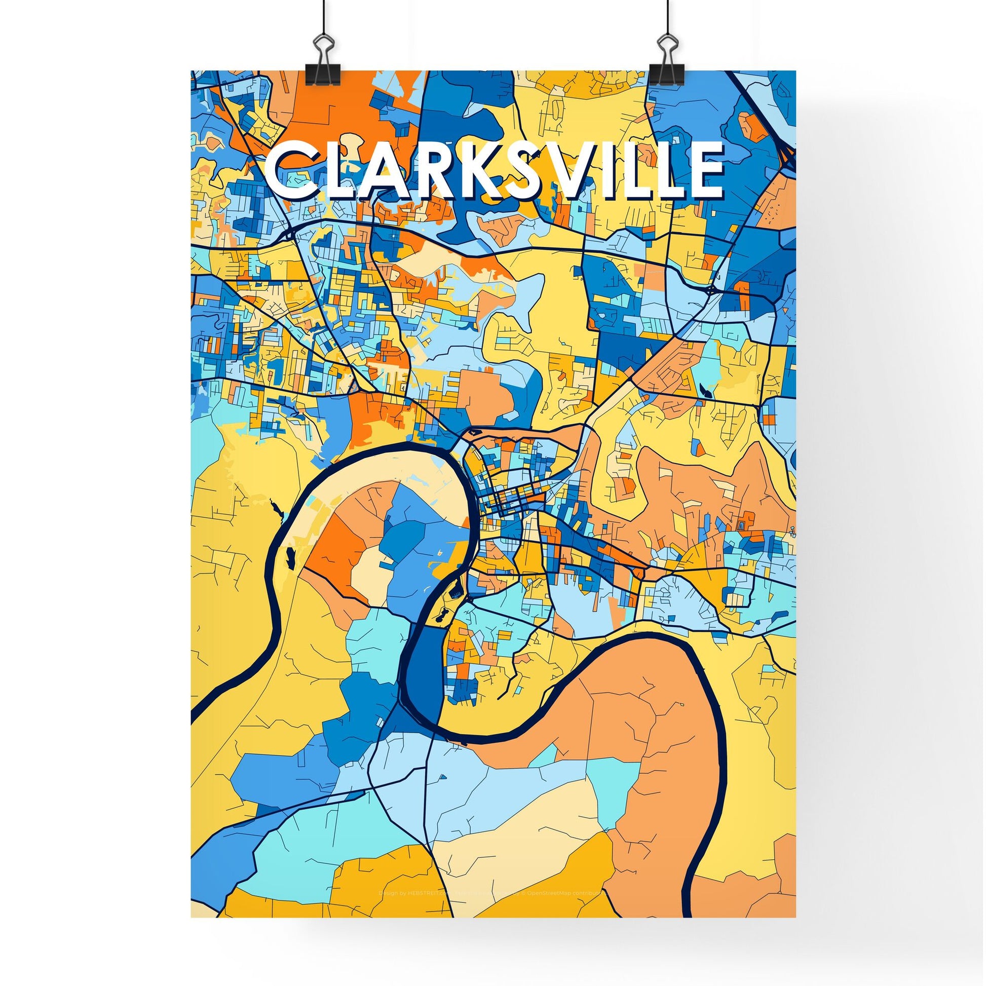 CLARKSVILLE TENNESSEE Vibrant Colorful Art Map Poster Blue Orange