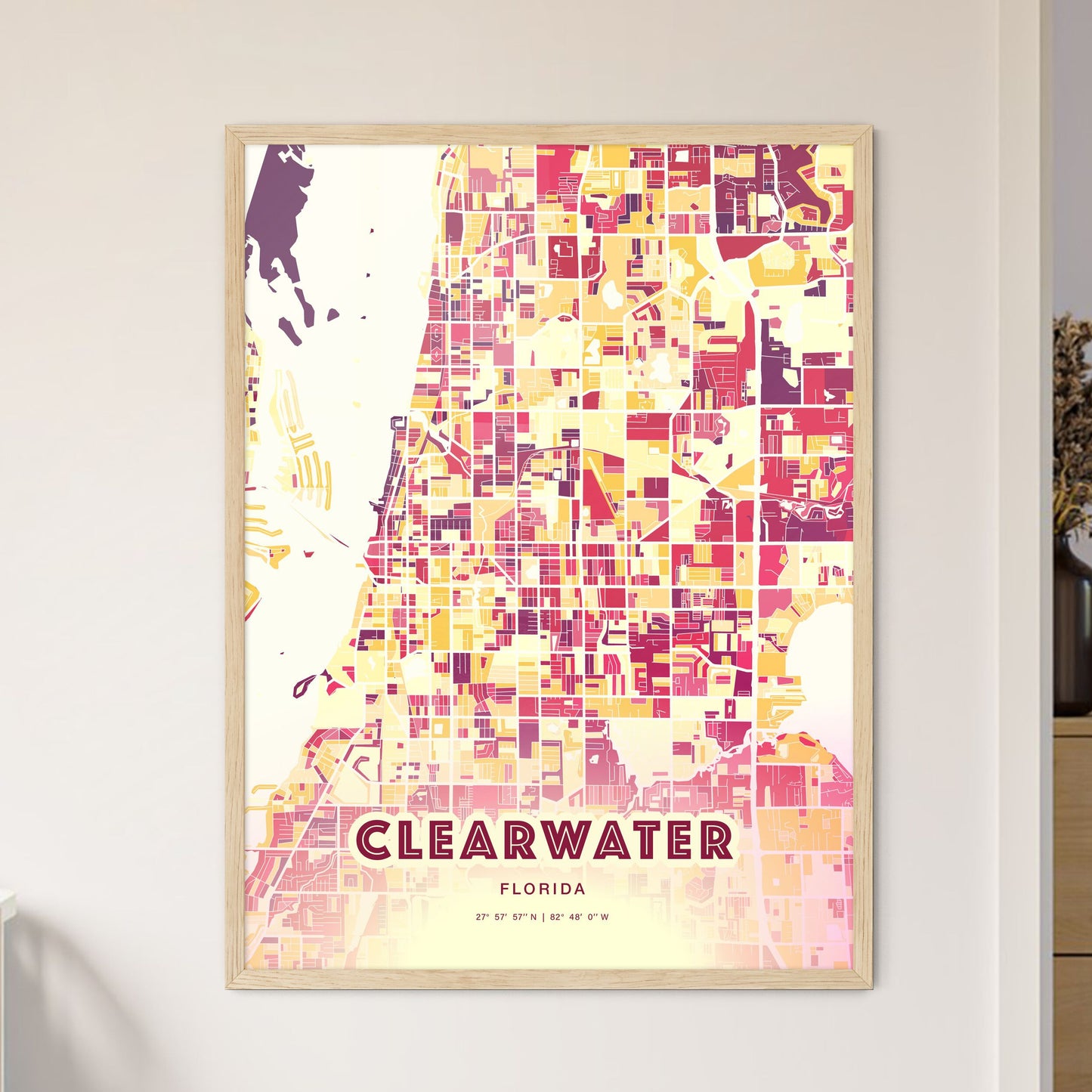 Colorful Clearwater Florida Fine Art Map Hot Red