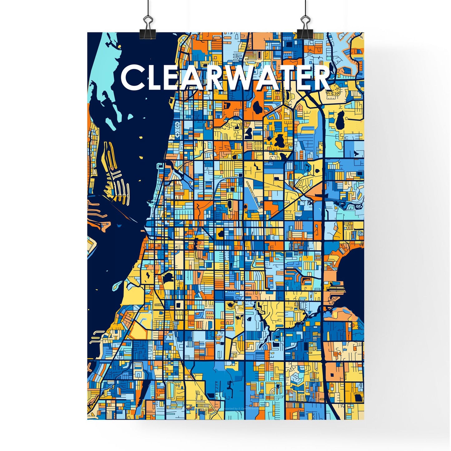 CLEARWATER FLORIDA Vibrant Colorful Art Map Poster Blue Orange