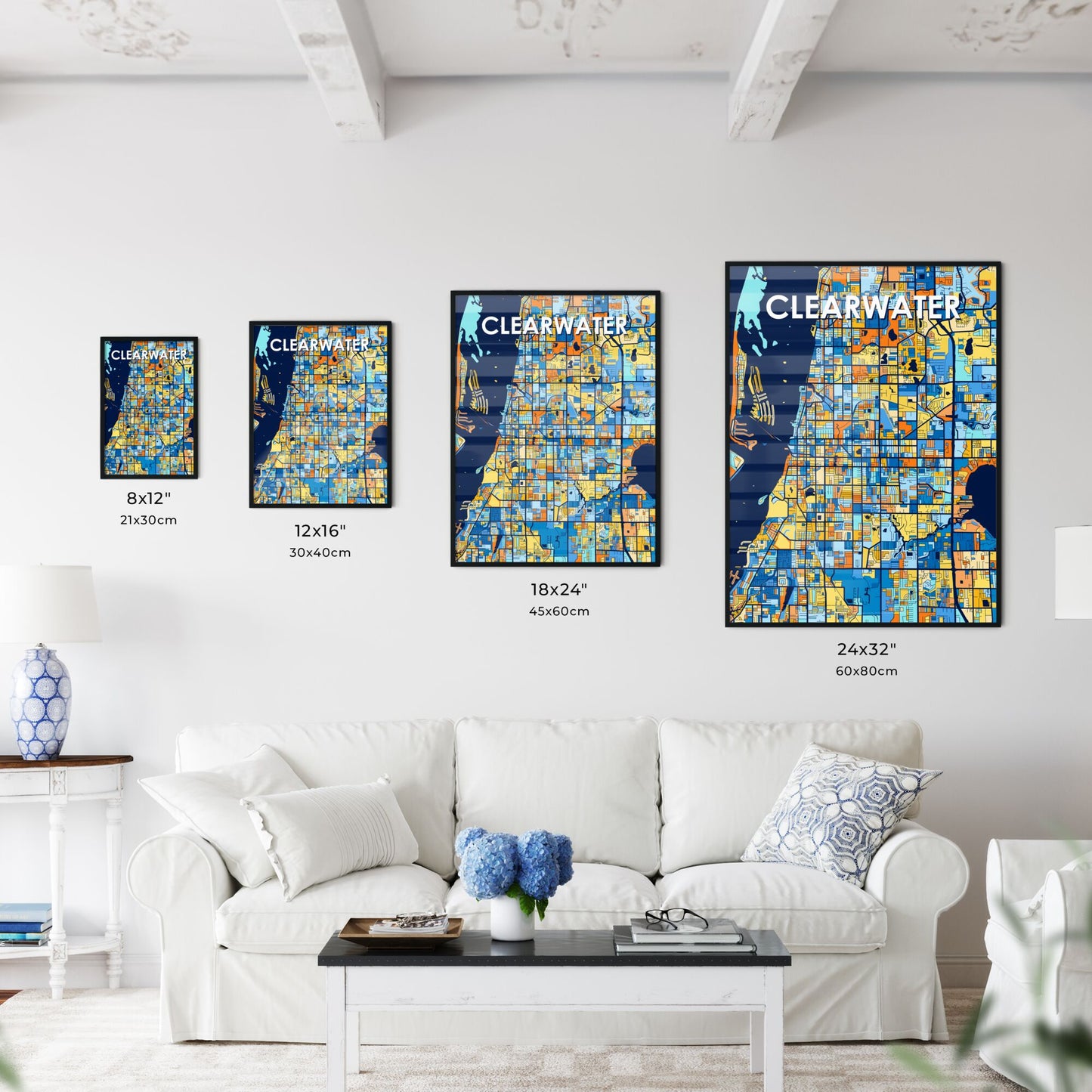 CLEARWATER FLORIDA Vibrant Colorful Art Map Poster Blue Orange