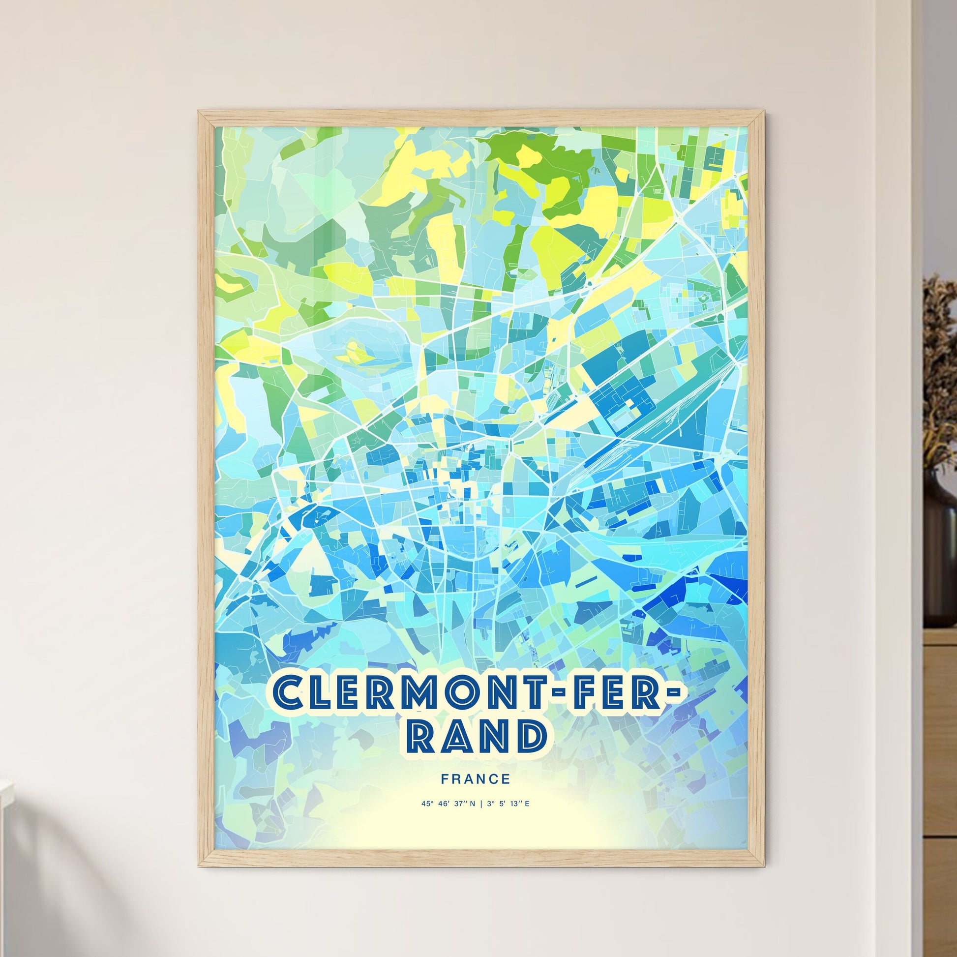 Colorful Clermont-Ferrand France Fine Art Map Cool Blue