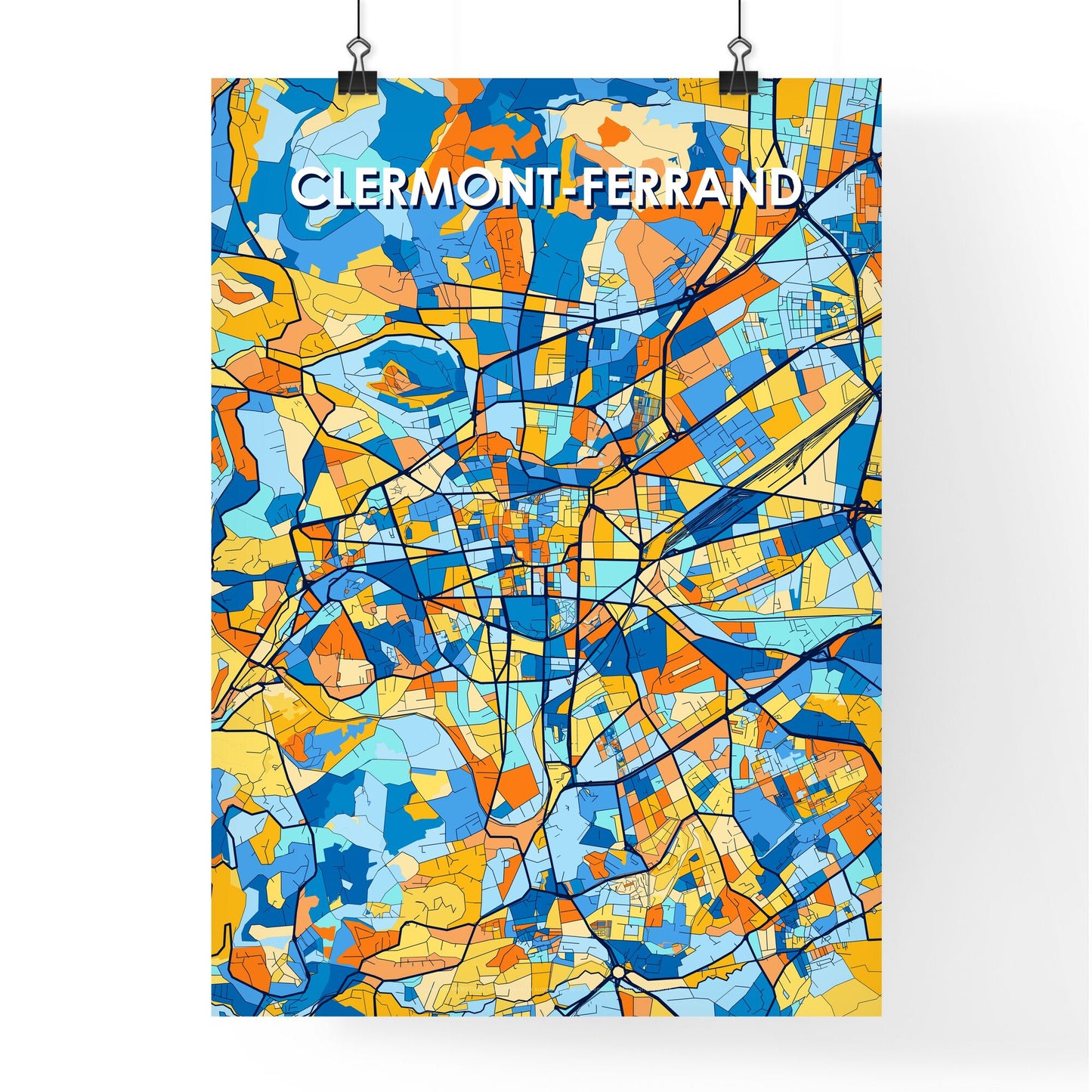 CLERMONT-FERRAND FRANCE Vibrant Colorful Art Map Poster Blue Orange