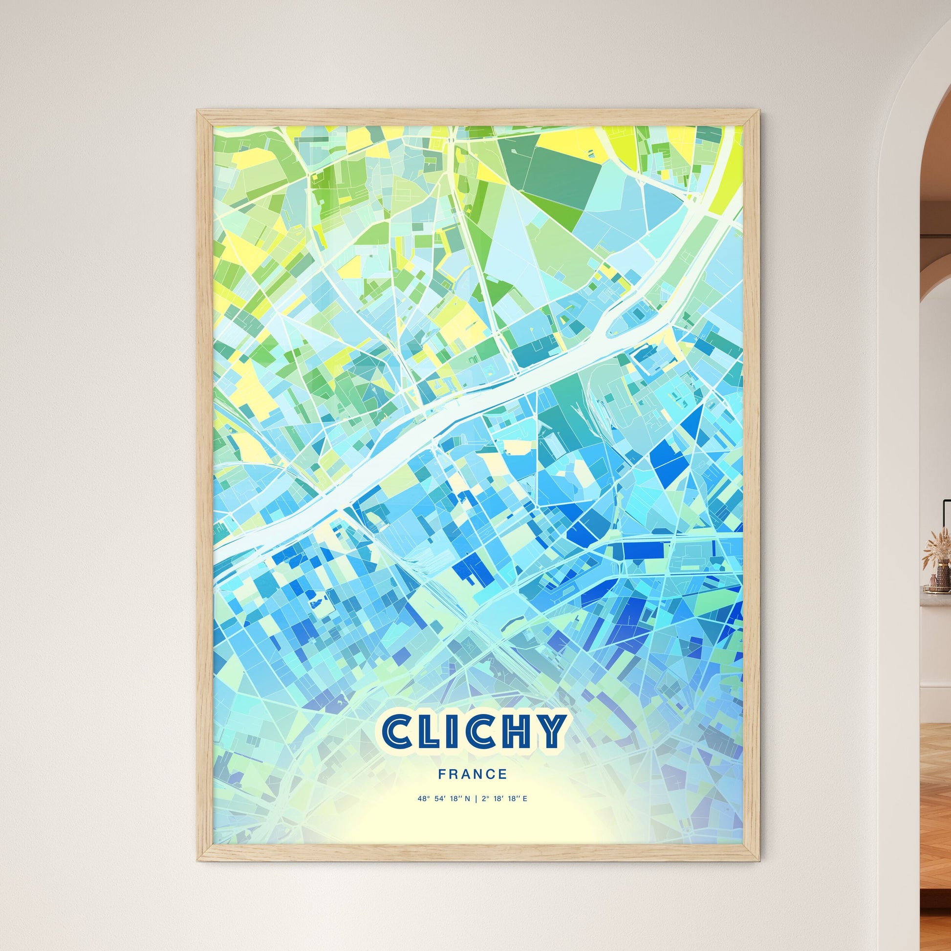 Colorful Clichy France Fine Art Map Cool Blue