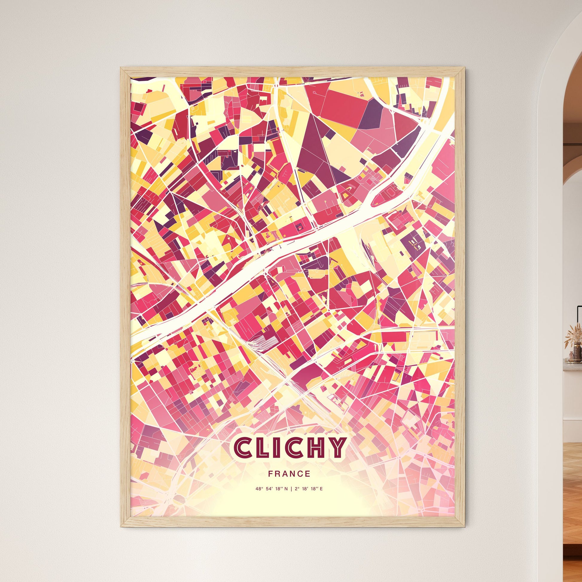 Colorful Clichy France Fine Art Map Hot Red