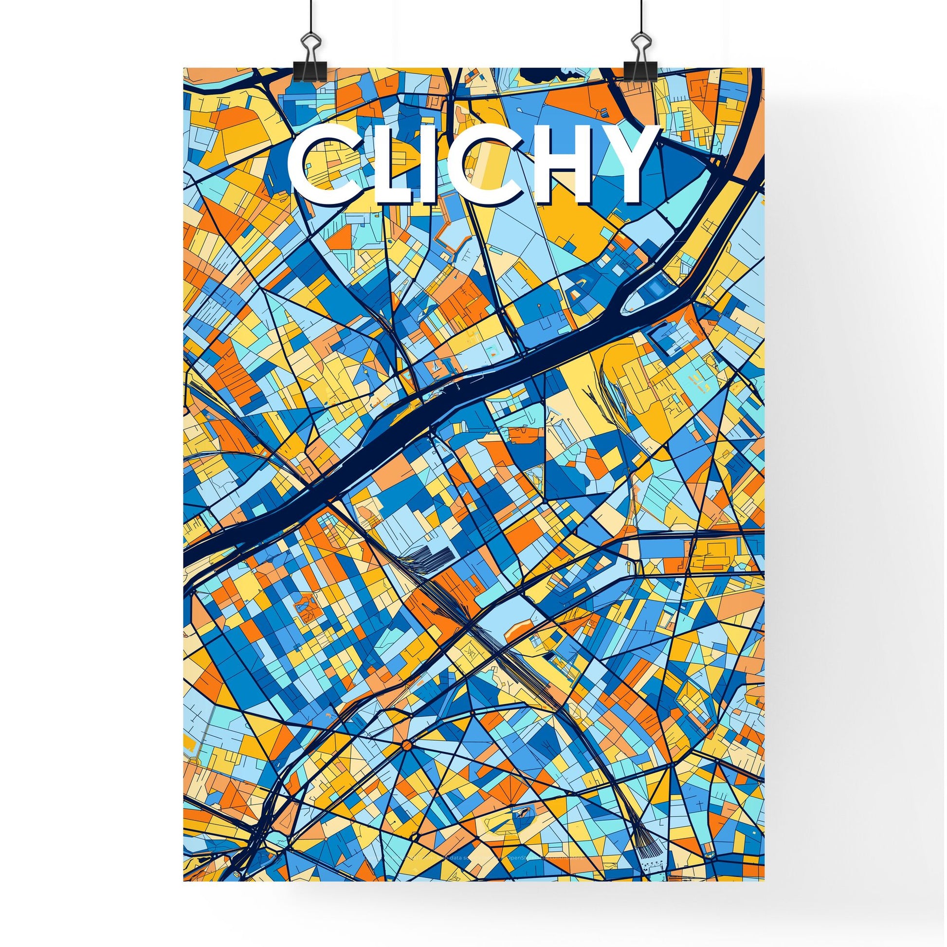 CLICHY FRANCE Vibrant Colorful Art Map Poster Blue Orange