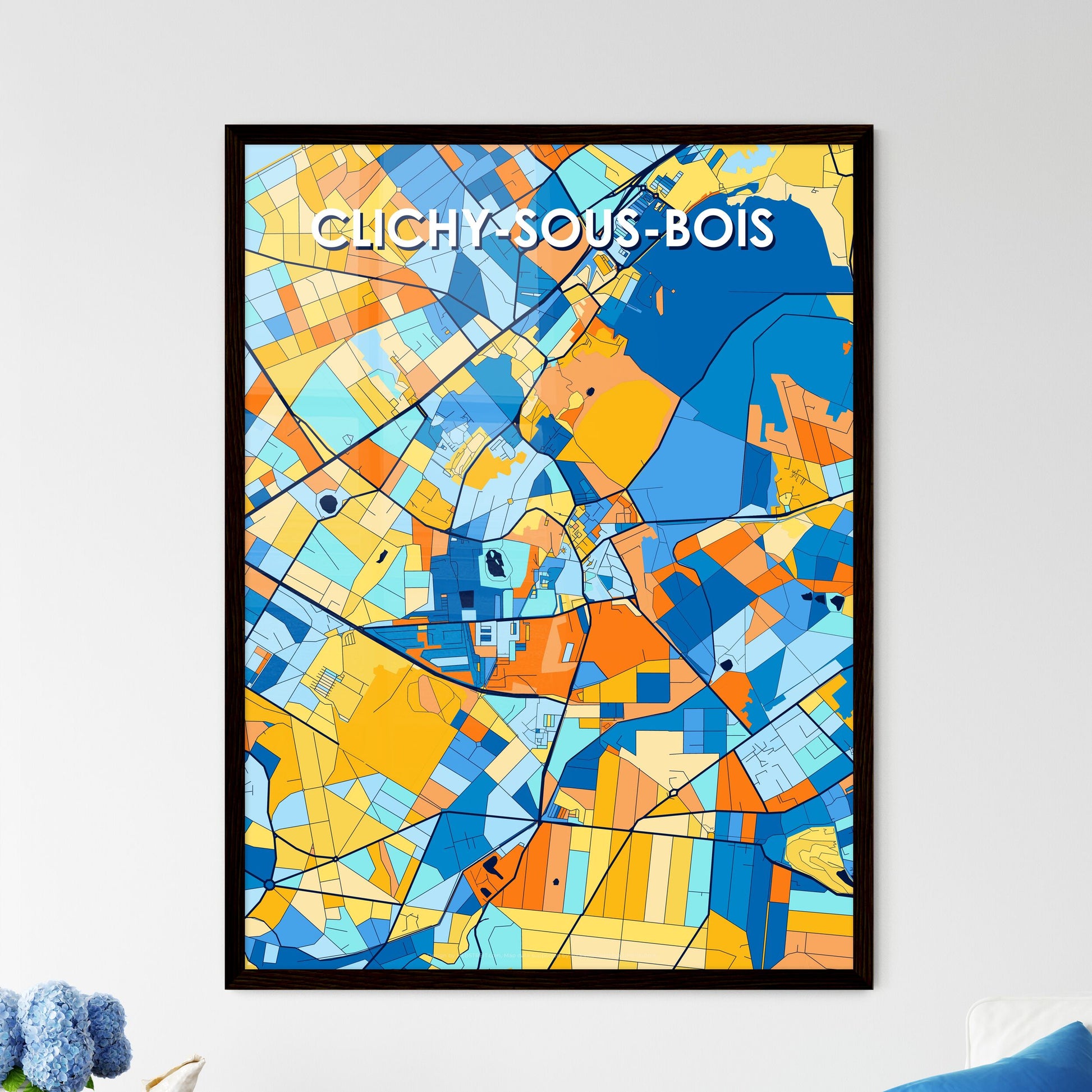 CLICHY-SOUS-BOIS FRANCE Vibrant Colorful Art Map Poster Blue Orange