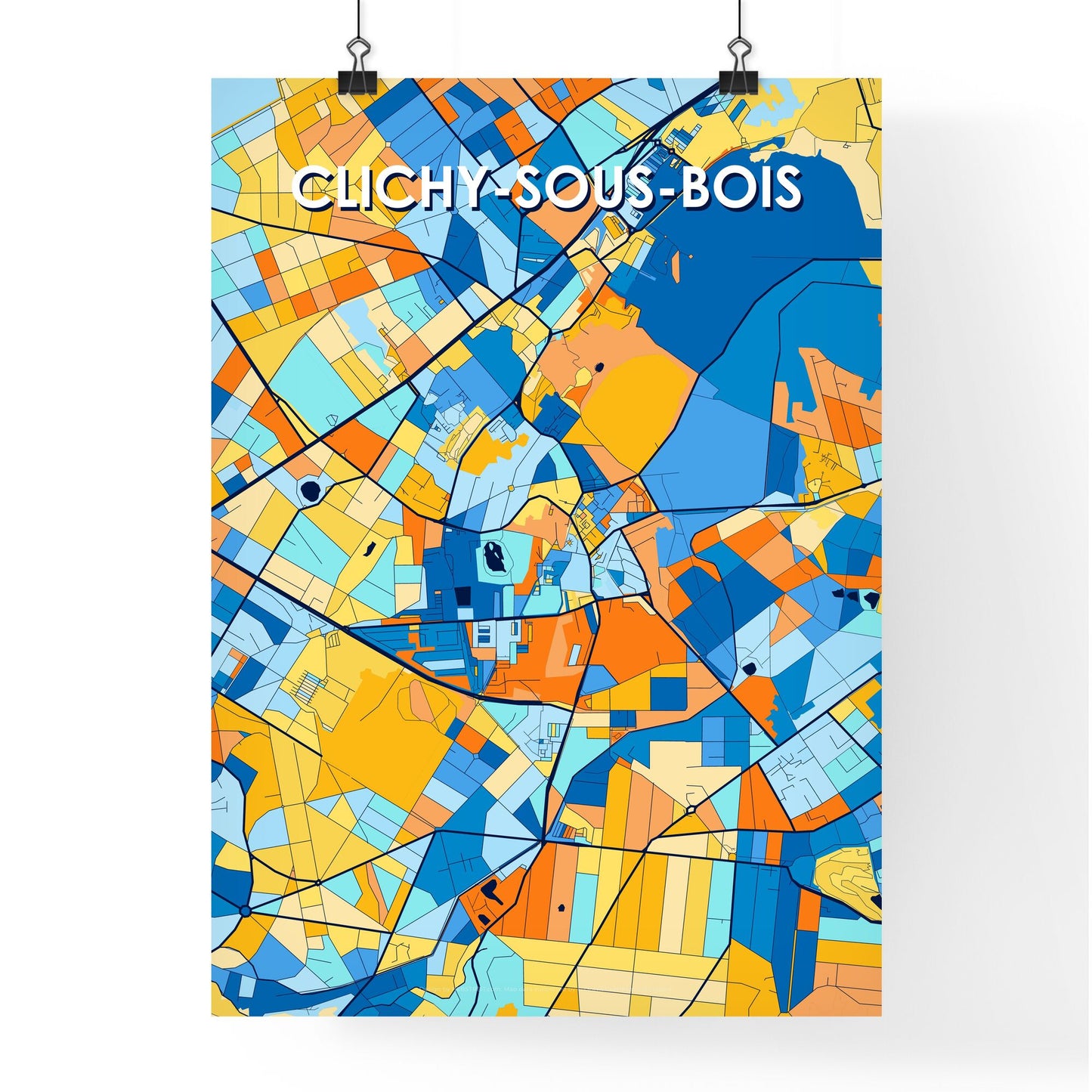 CLICHY-SOUS-BOIS FRANCE Vibrant Colorful Art Map Poster Blue Orange