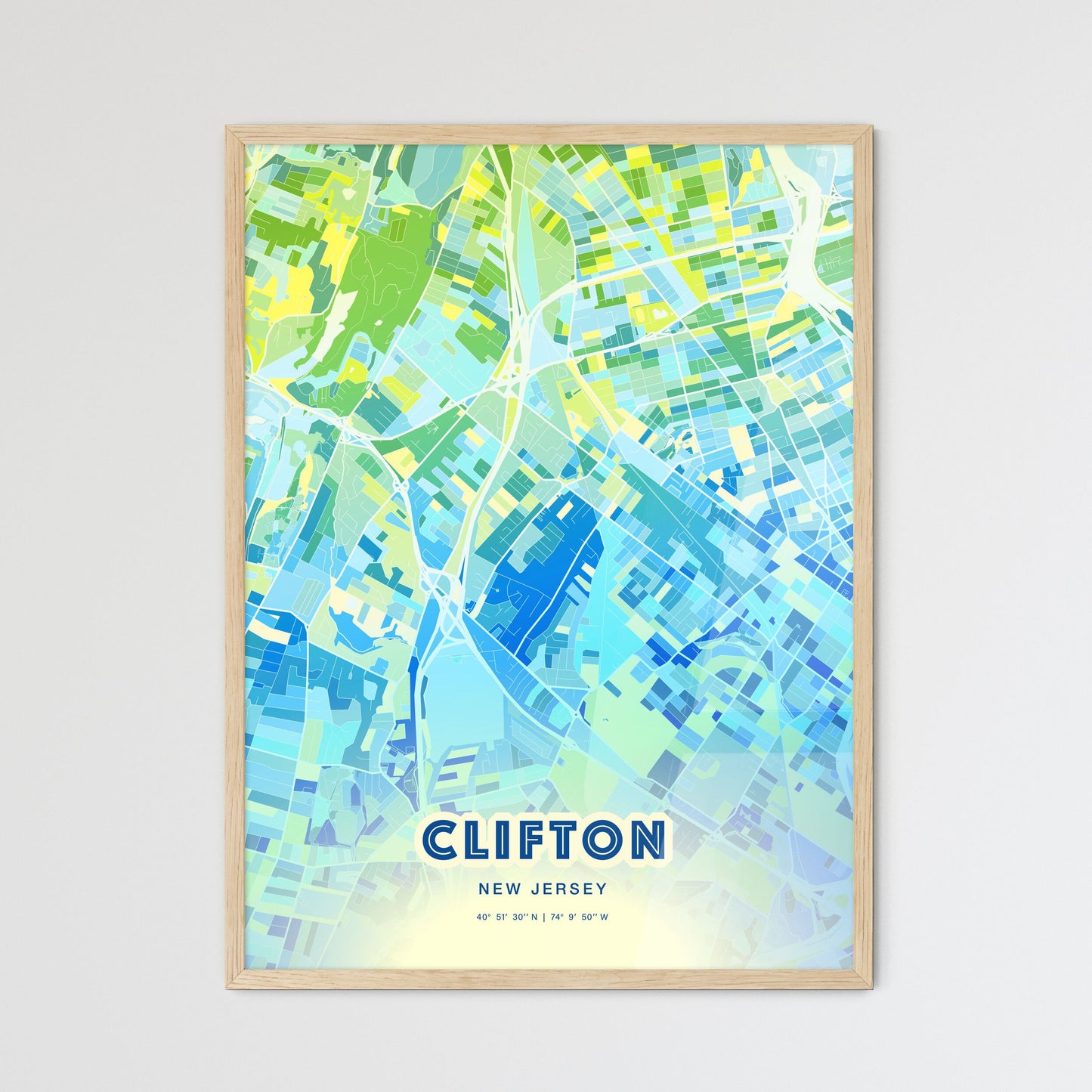 Colorful Clifton New Jersey Fine Art Map Cool Blue