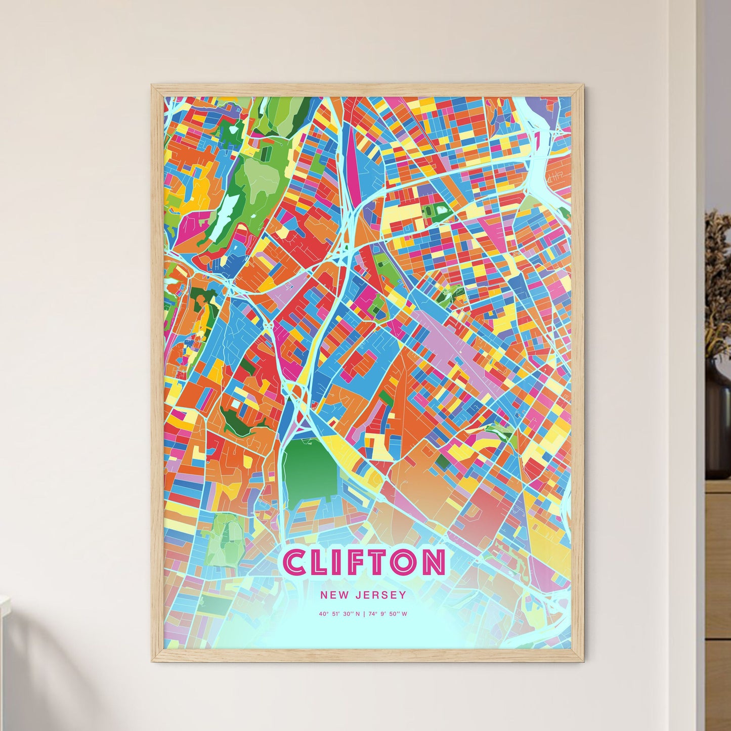 Colorful Clifton New Jersey Fine Art Map Crazy Colors