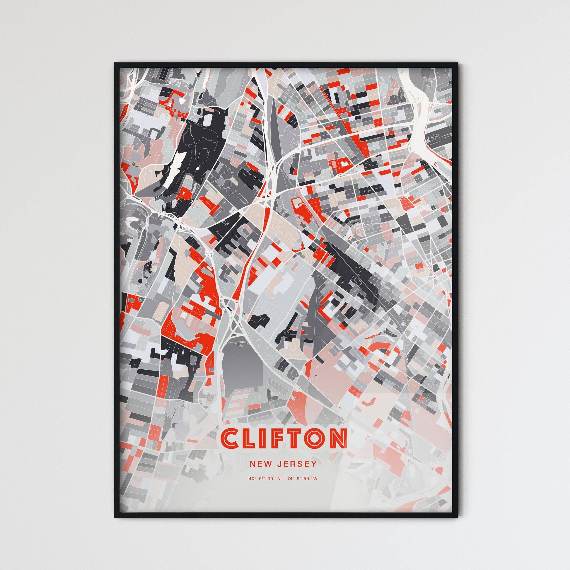 Colorful Clifton New Jersey Fine Art Map Modern Expressive
