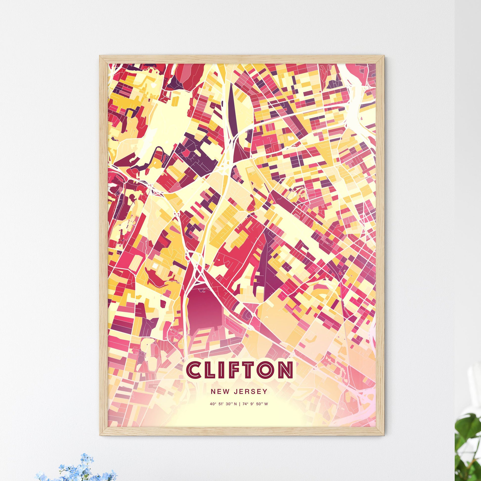 Colorful Clifton New Jersey Fine Art Map Hot Red