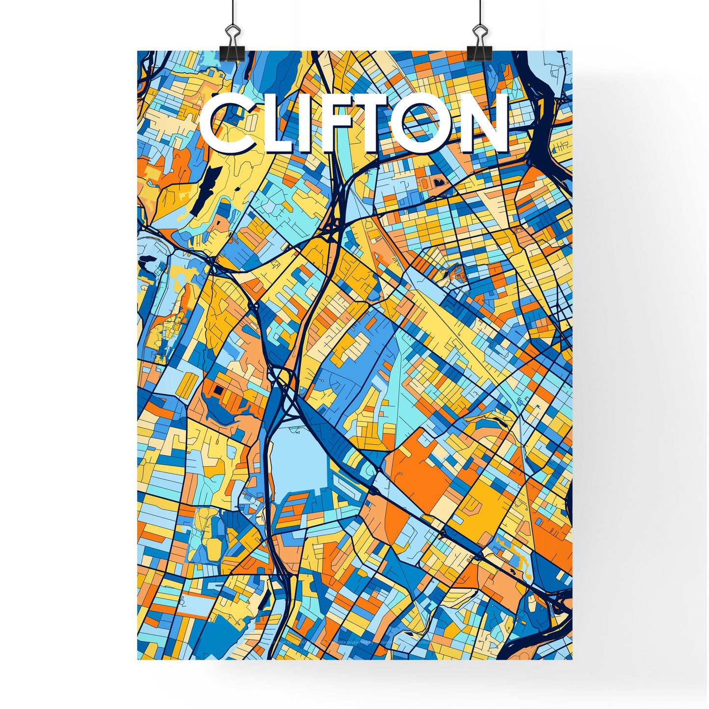 CLIFTON NEW JERSEY Vibrant Colorful Art Map Poster Blue Orange