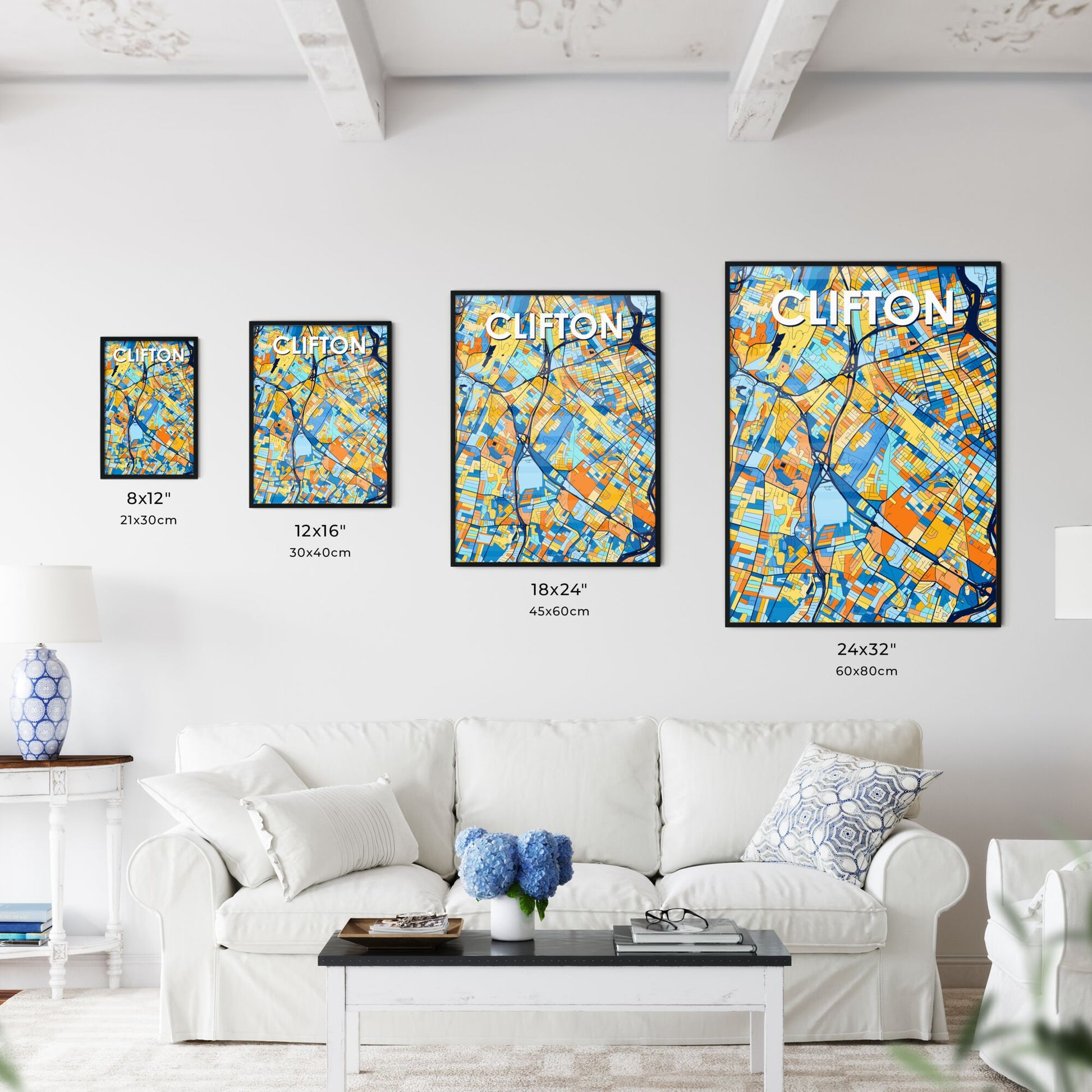 CLIFTON NEW JERSEY Vibrant Colorful Art Map Poster Blue Orange