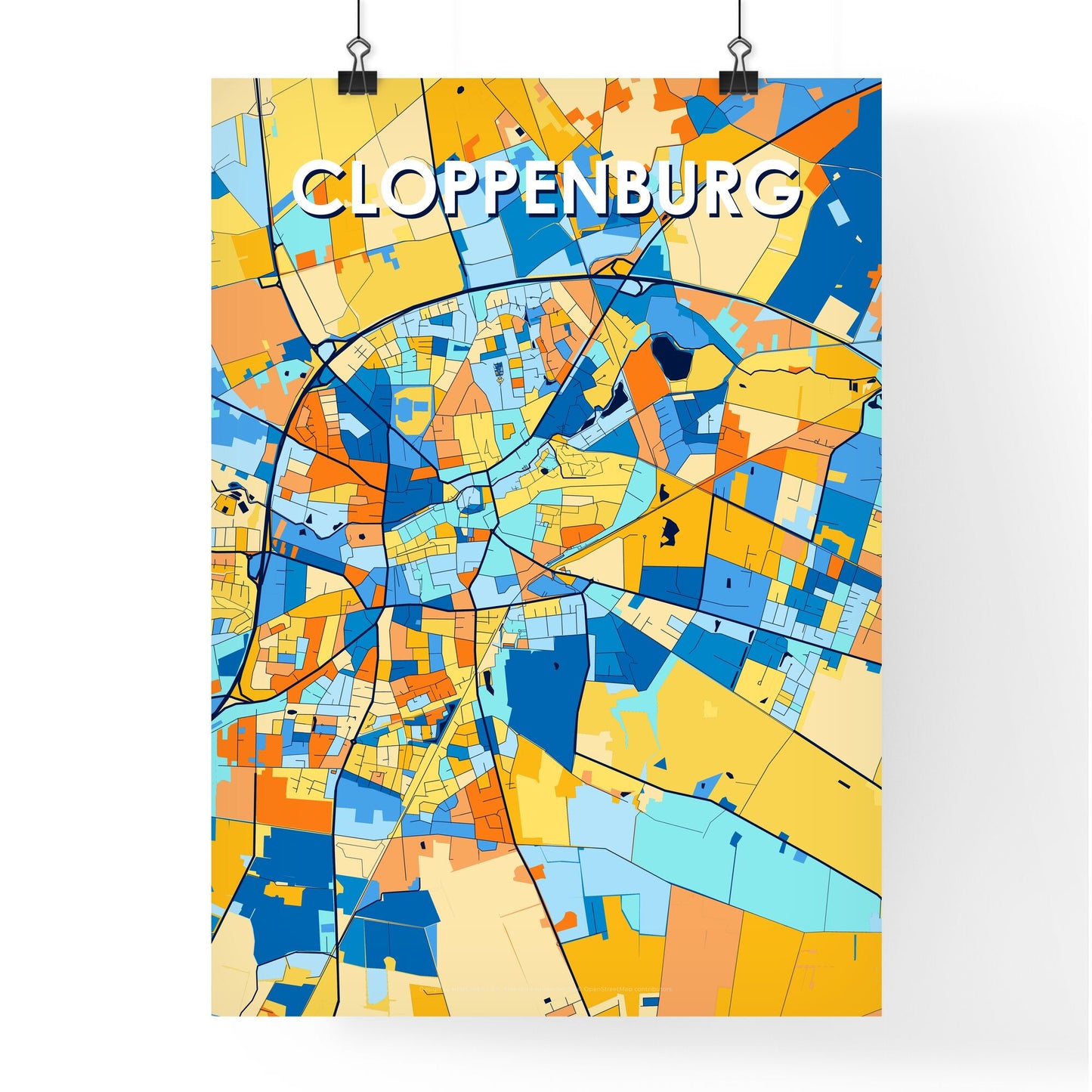 CLOPPENBURG GERMANY Vibrant Colorful Art Map Poster Blue Orange