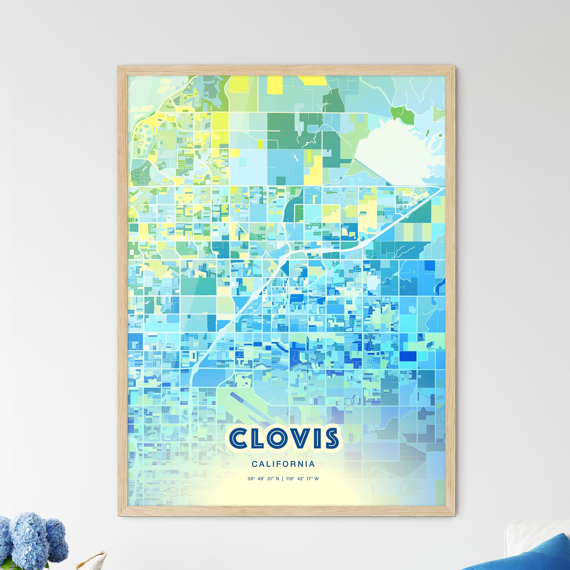 Colorful Clovis California Fine Art Map Cool Blue