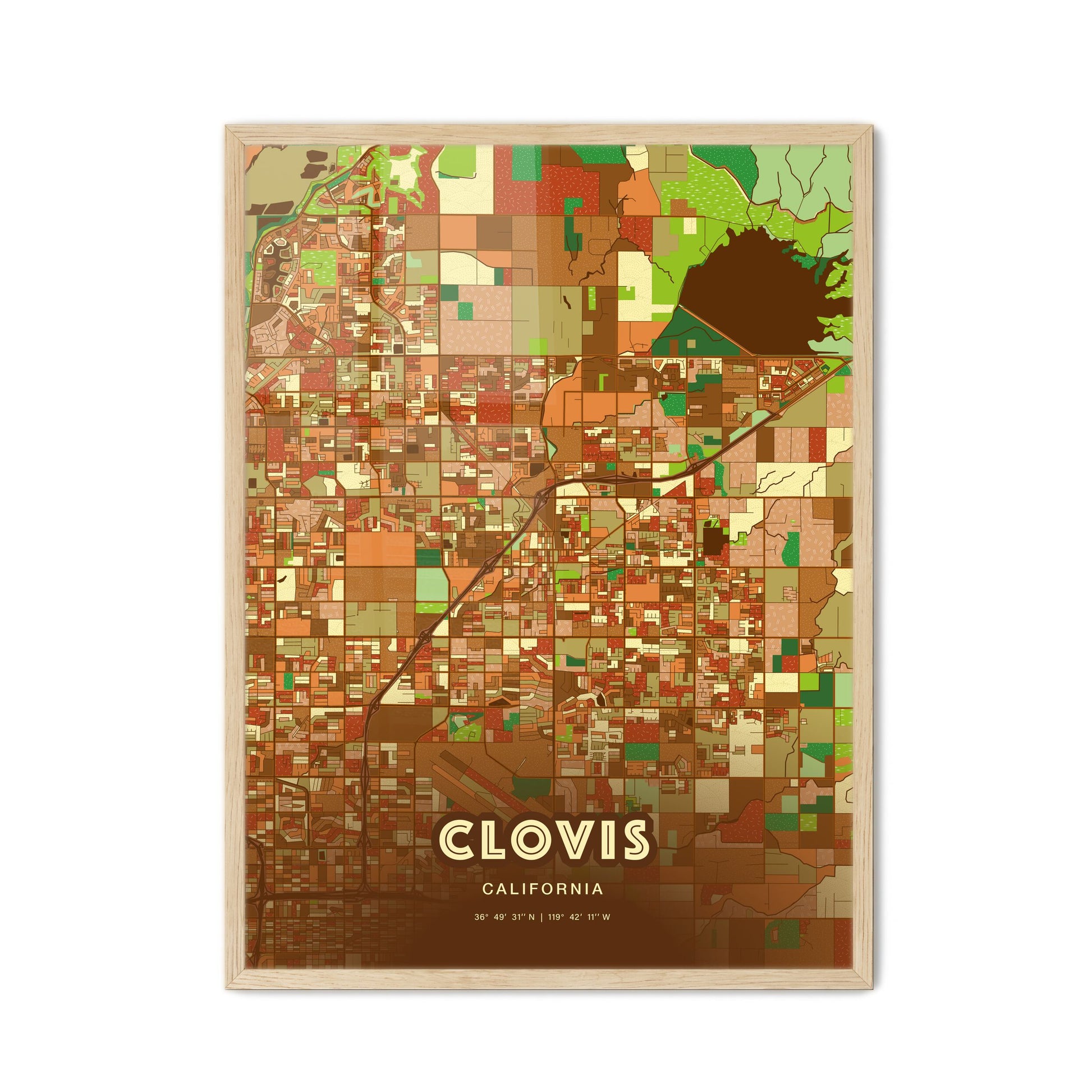 Colorful Clovis California Fine Art Map Farmhouse