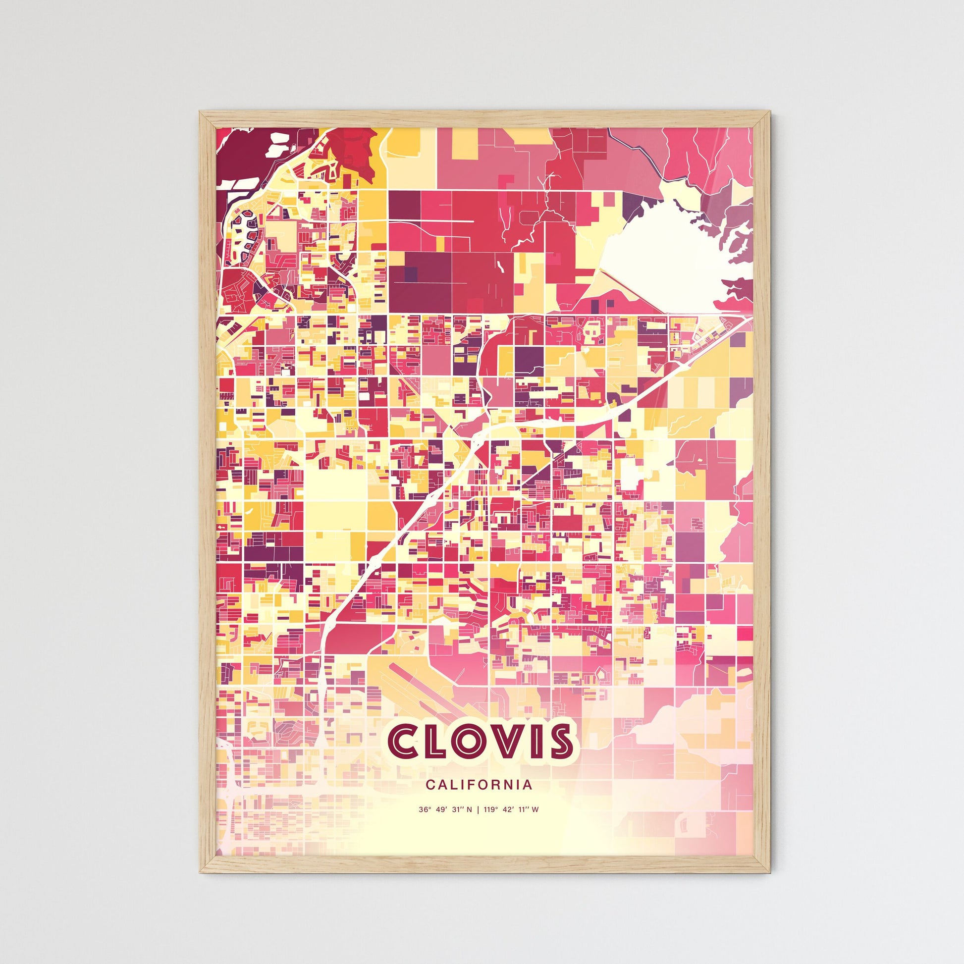 Colorful Clovis California Fine Art Map Hot Red