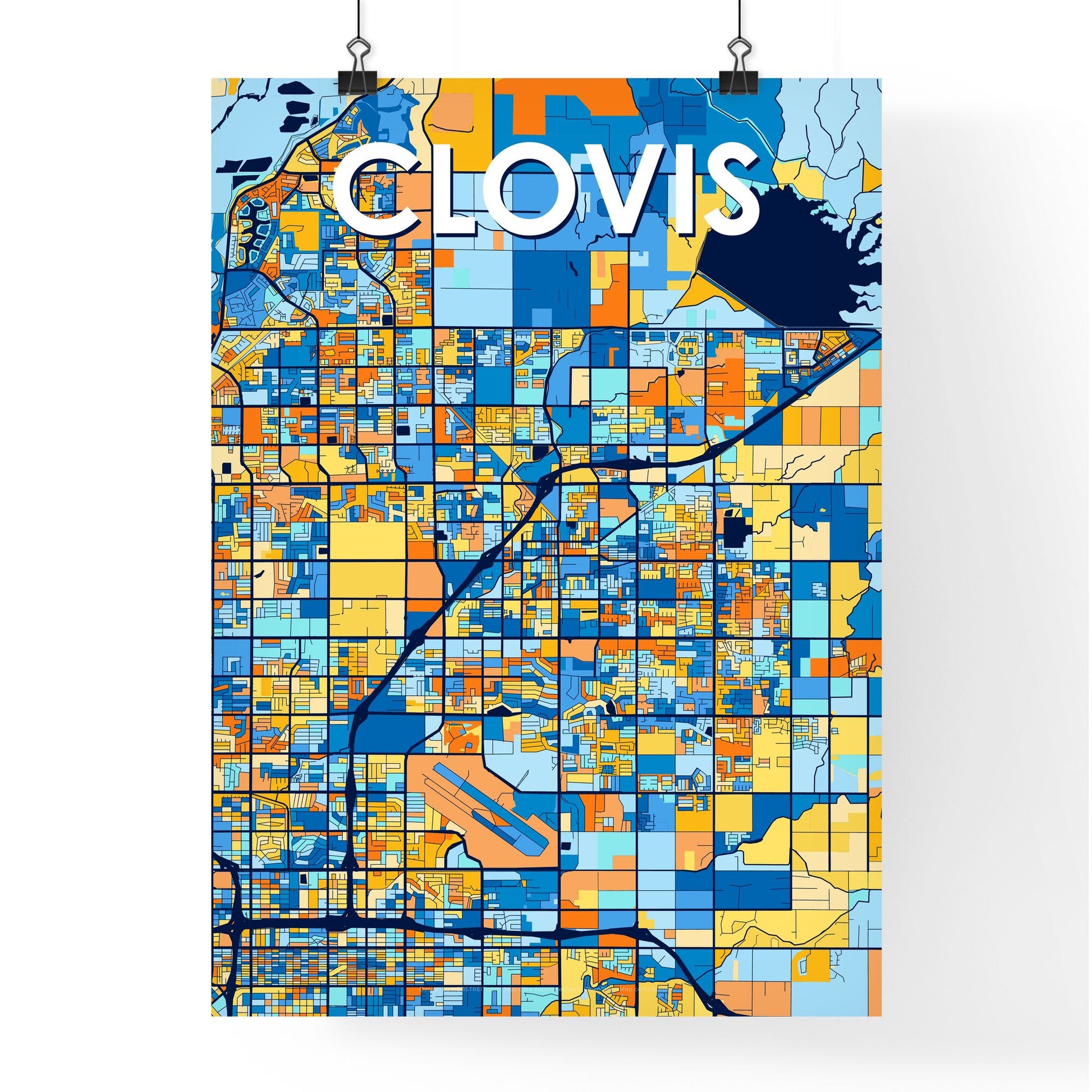 CLOVIS CALIFORNIA Vibrant Colorful Art Map Poster Blue Orange