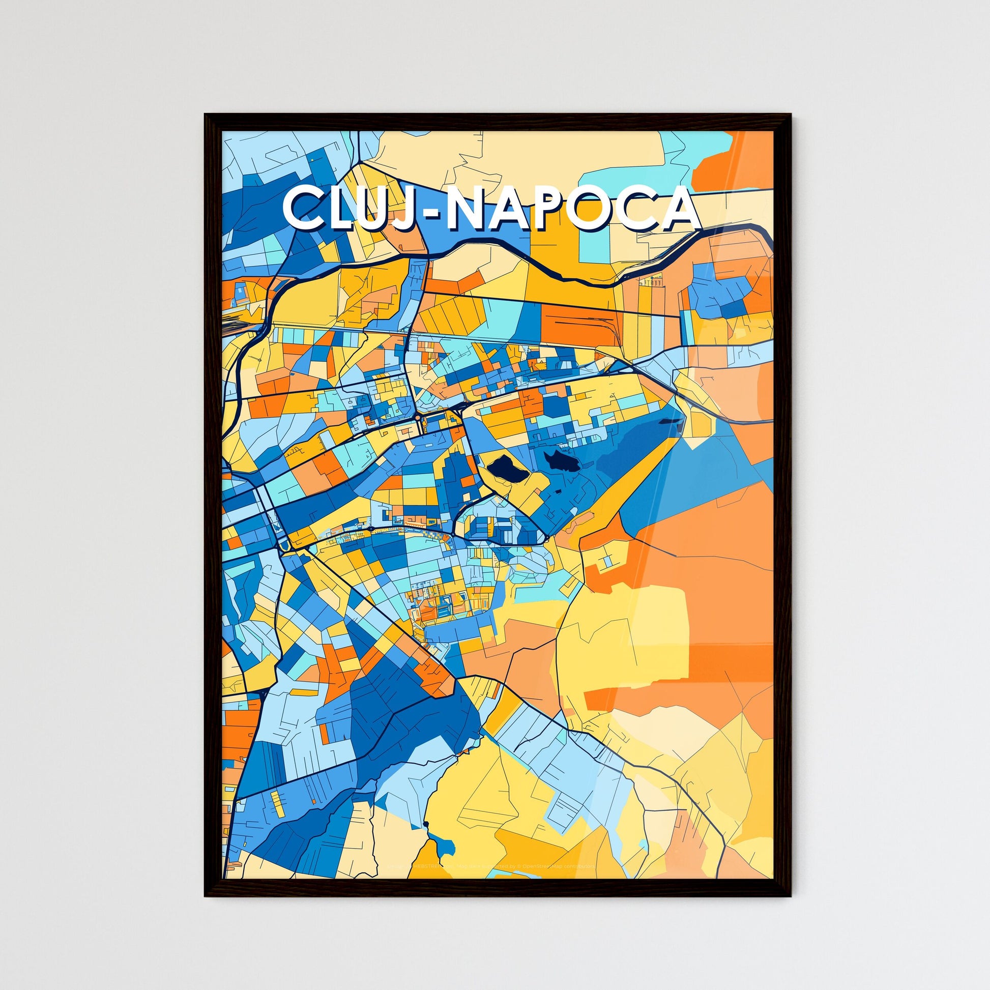 CLUJ-NAPOCA ROMANIA Vibrant Colorful Art Map Poster Blue Orange