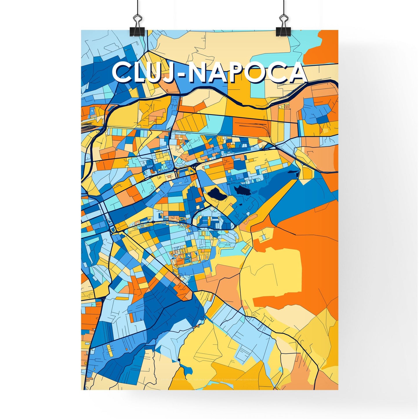 CLUJ-NAPOCA ROMANIA Vibrant Colorful Art Map Poster Blue Orange